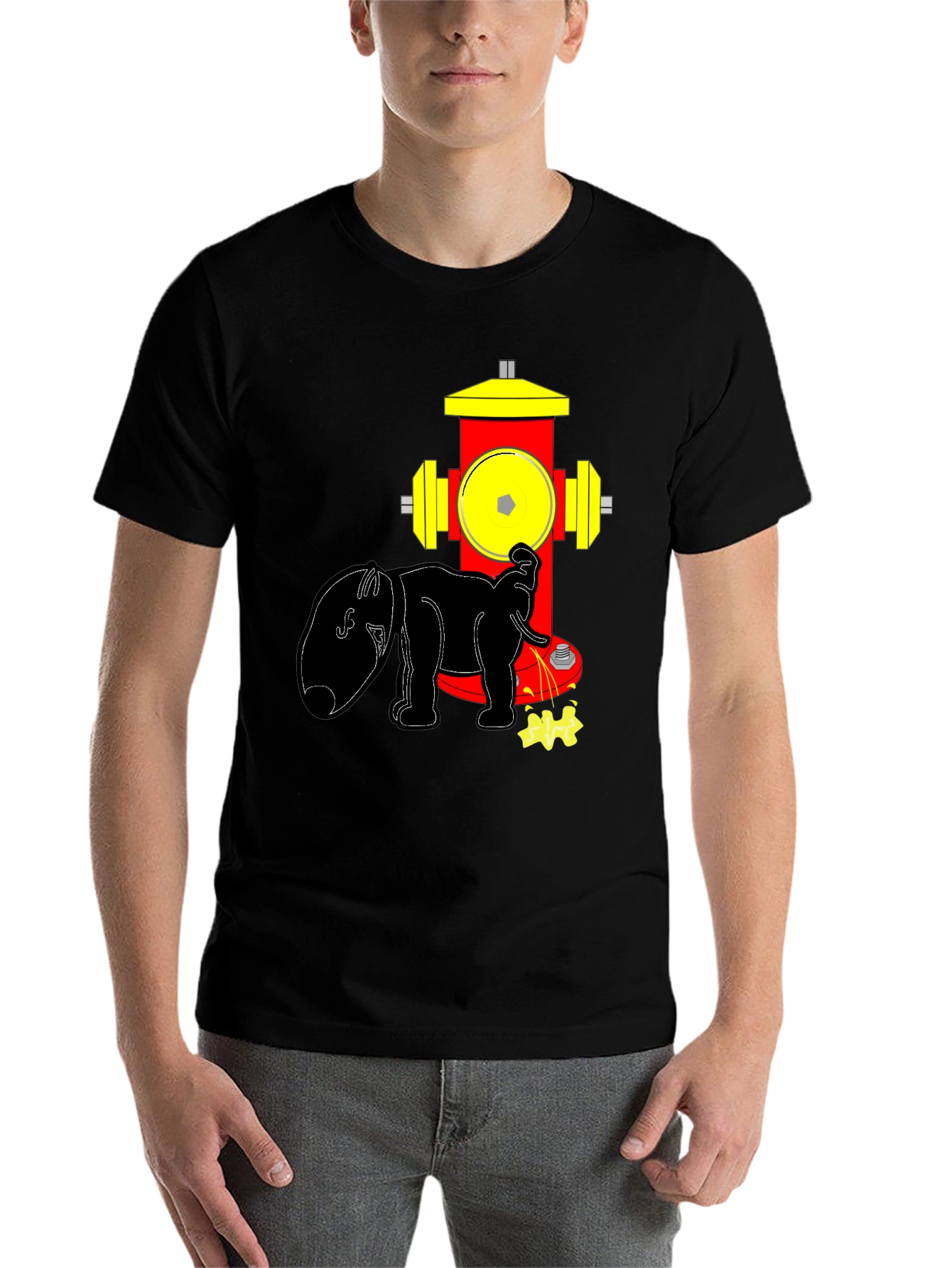 Black Funny Elephant Peeing on Fire Hydrant Black T-Shirt view 7