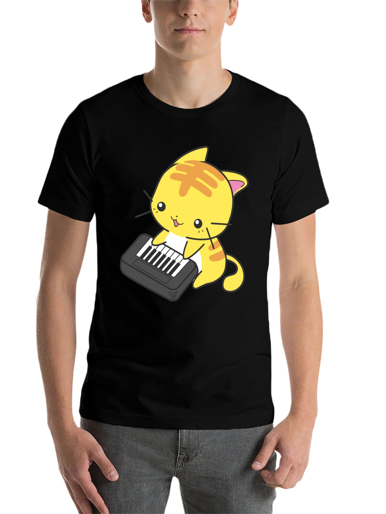 Black Cute Cat Keyboard T-Shirt view 7