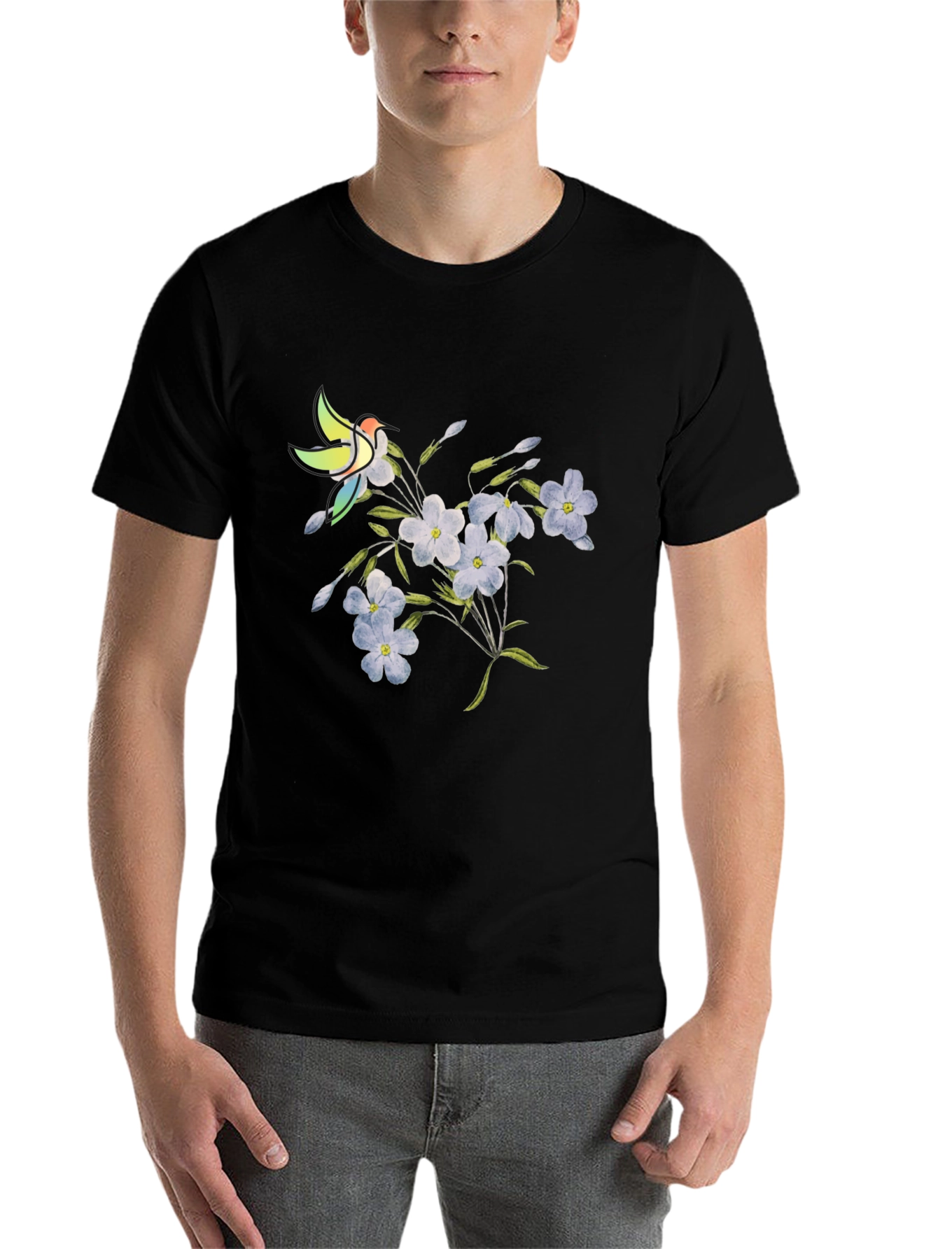 Black Floral & Bird Graphic Tee - Casual Black T-Shirt view 7
