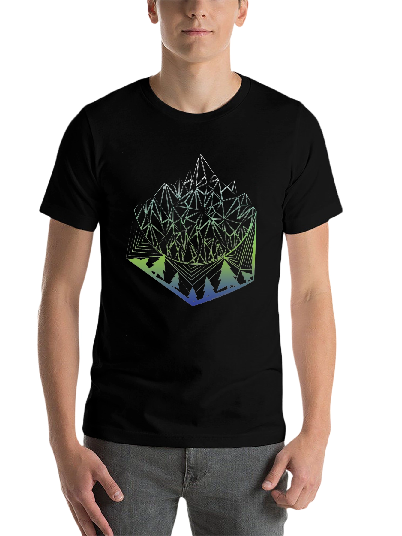 Black Geometric Mountain & Forest Graphic Tee - Modern Style view 7