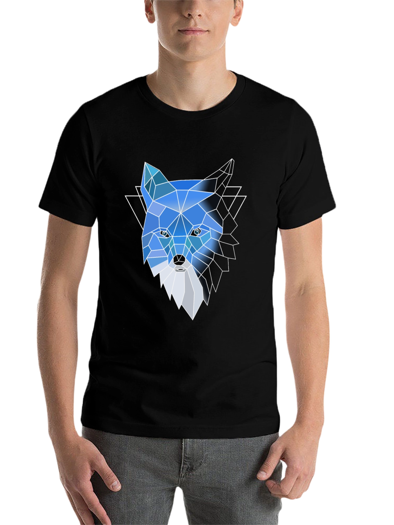 Black Geometric Fox Graphic Tee - Modern Crew Neck T-Shirt view 7