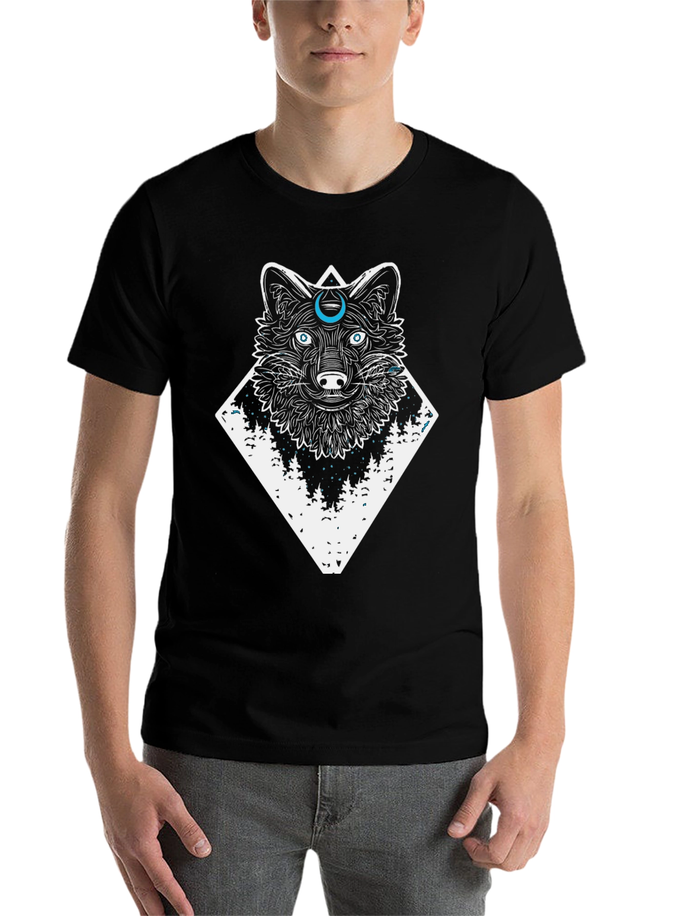 Black Wolf & Moon Graphic Tee - Black Cotton T-Shirt view 7
