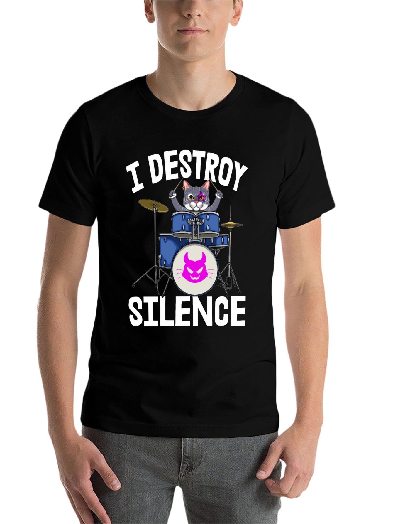Black I Destroy Silence Cat Drummer T-Shirt view 7