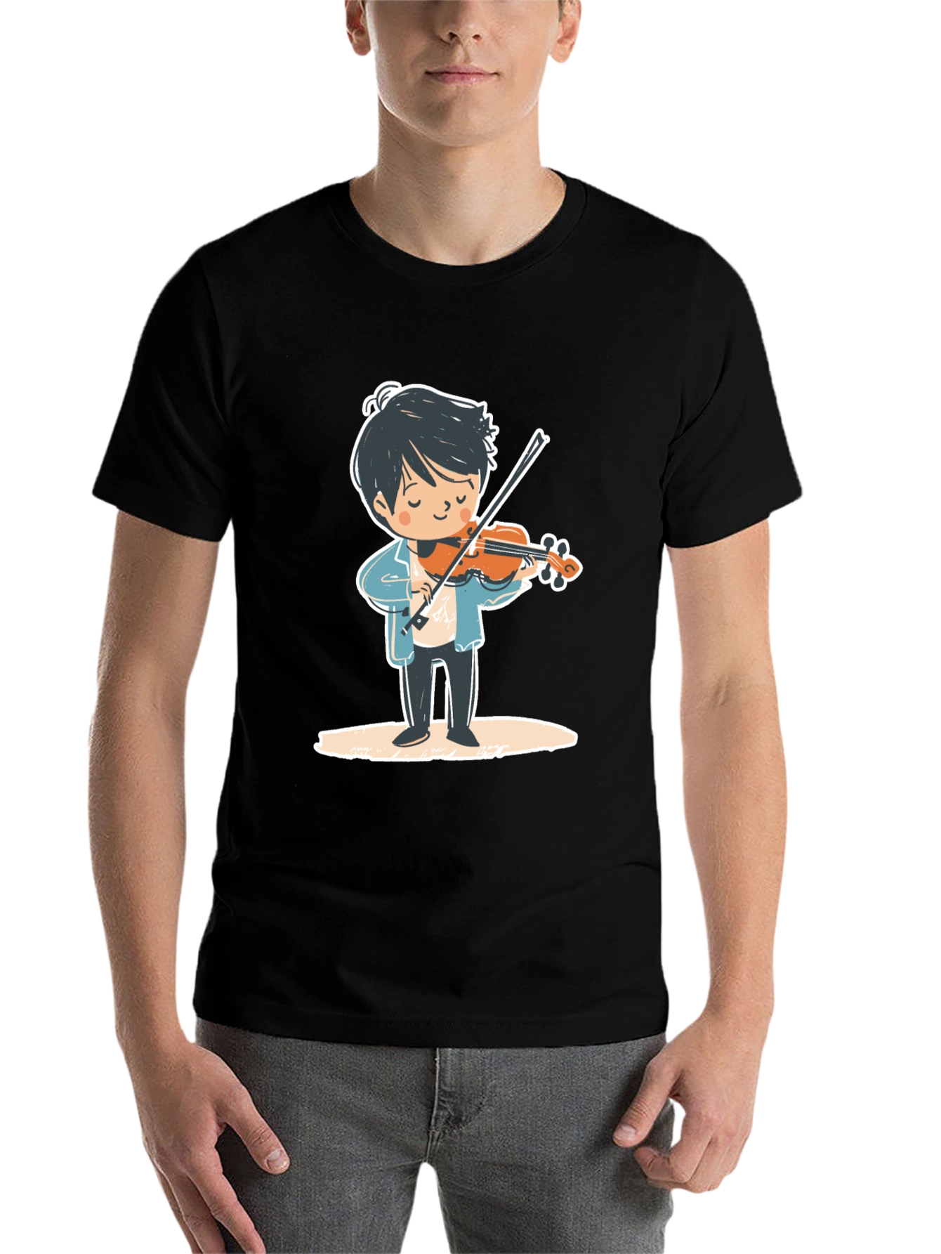 Black Violinist Cartoon Graphic Tee - Unisex Black T-Shirt view 7