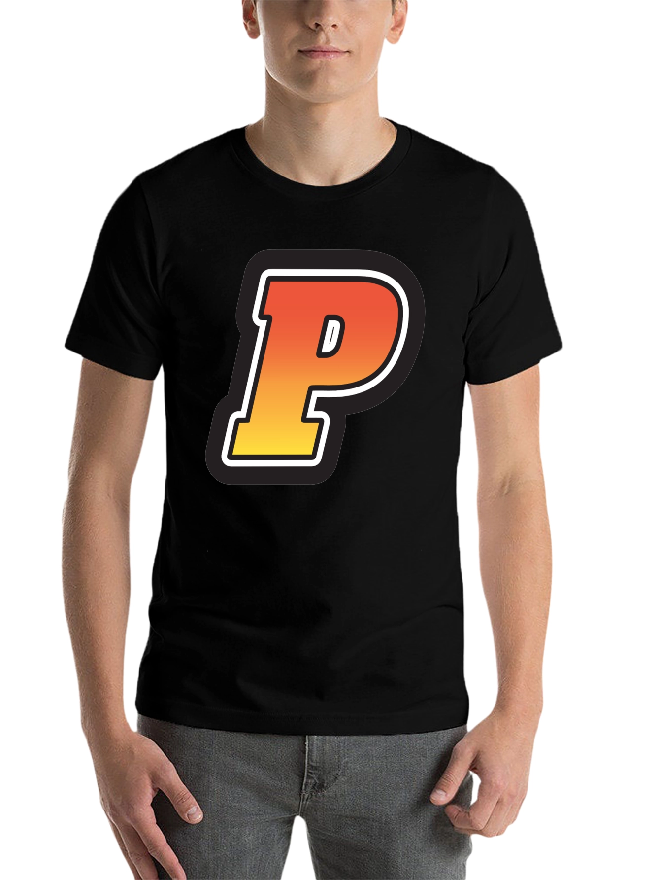 Black Retro P Letter T-Shirt - Black Cotton Tee view 7