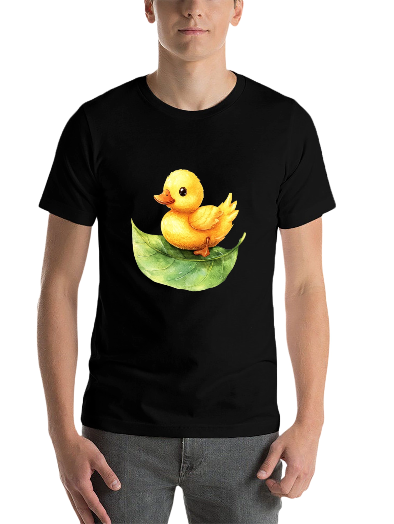 Black Cute Duckling on Leaf Graphic Tee view 7