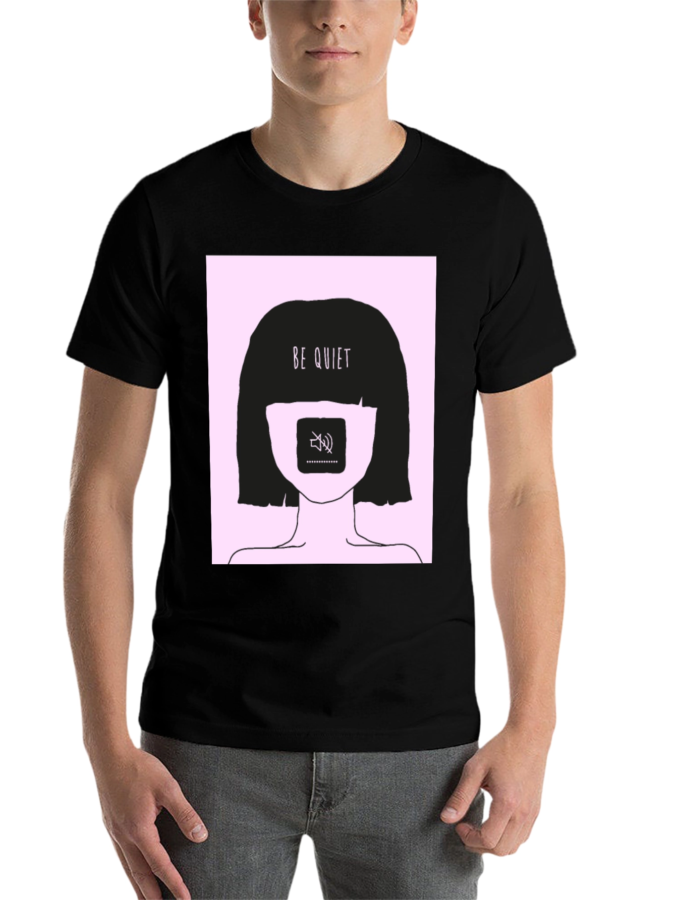 Black Be Quiet Graphic Print Tee - Unisex Black T-Shirt view 7