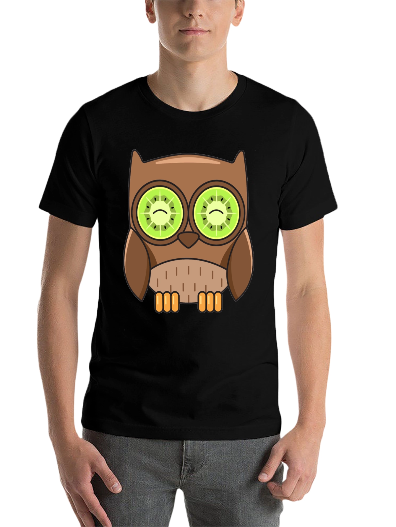 Black Whimsical Owl T-Shirt with Kiwi Eyes Design view 7