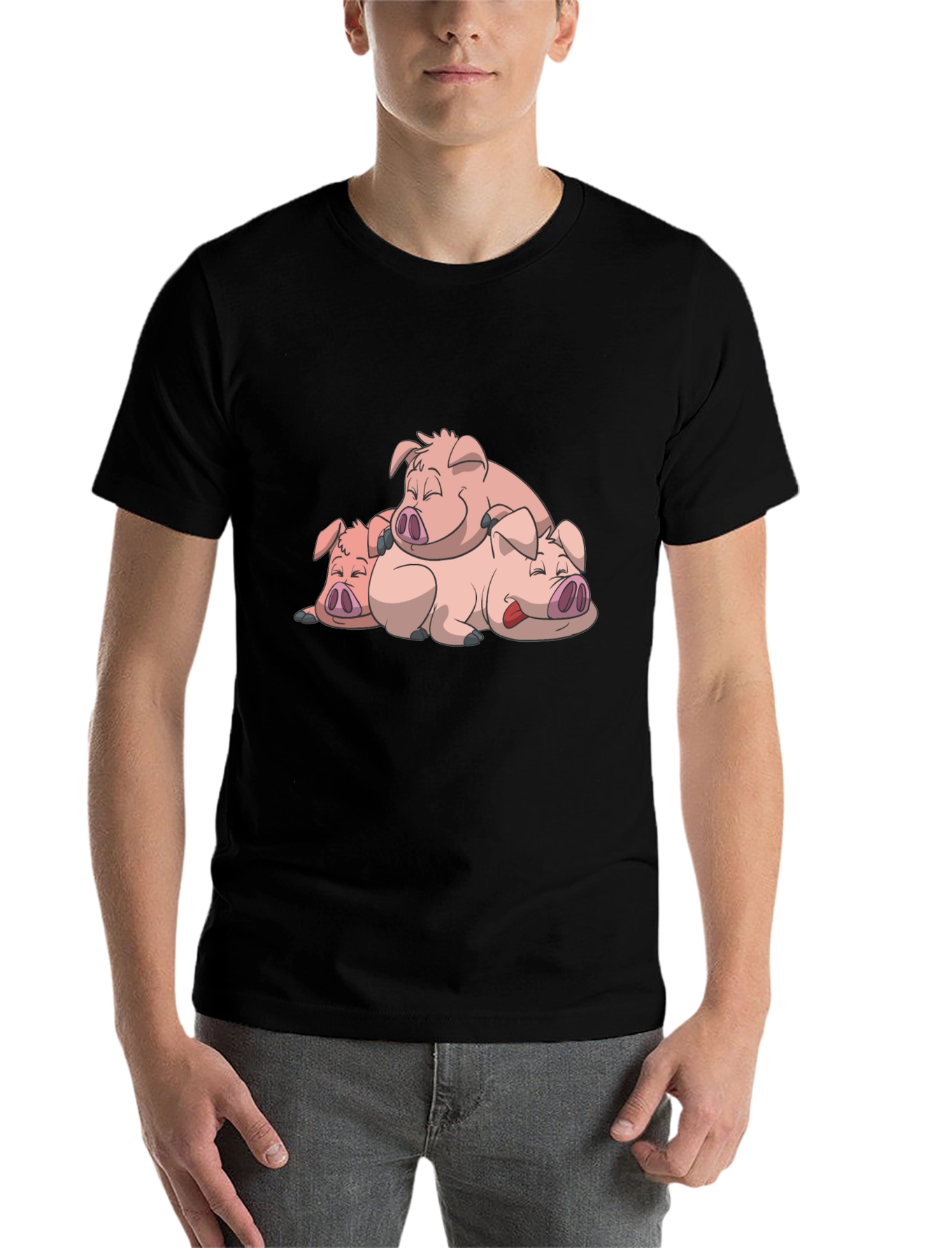 Black Cute Sleeping Pigs Black T-Shirt view 7