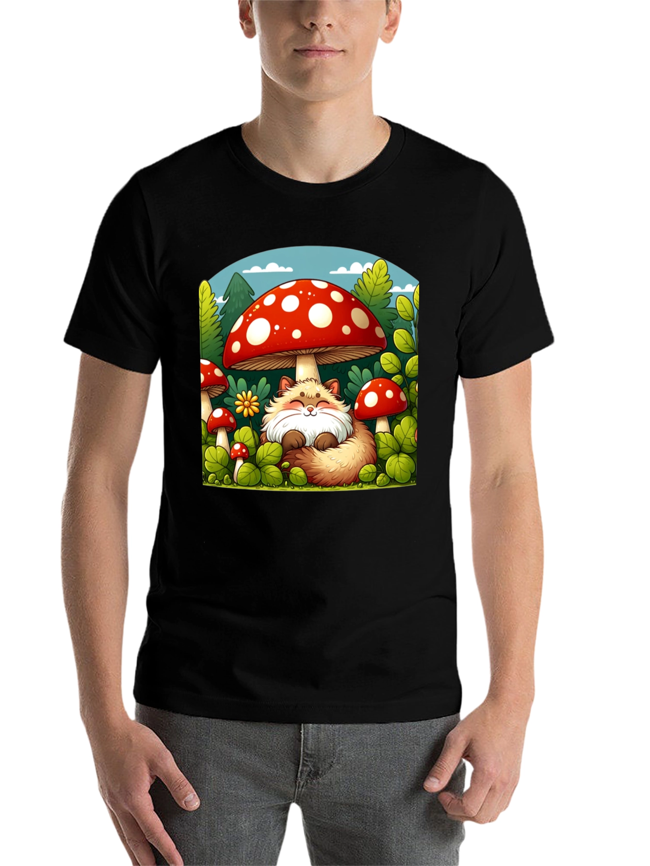 Black Whimsical Fox & Mushroom Graphic T-Shirt view 7