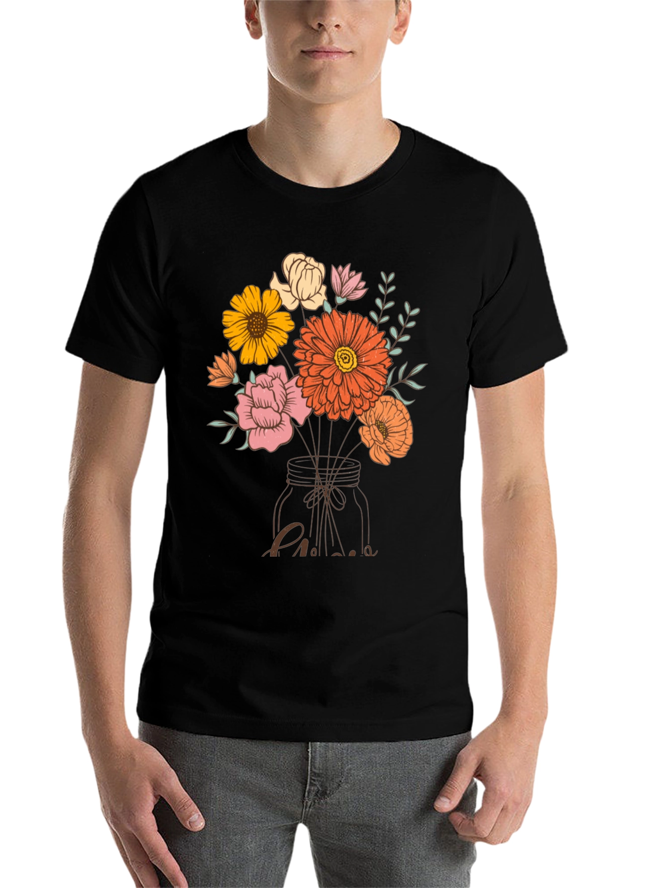 Black Floral Bouquet in Mason Jar Graphic Tee view 7