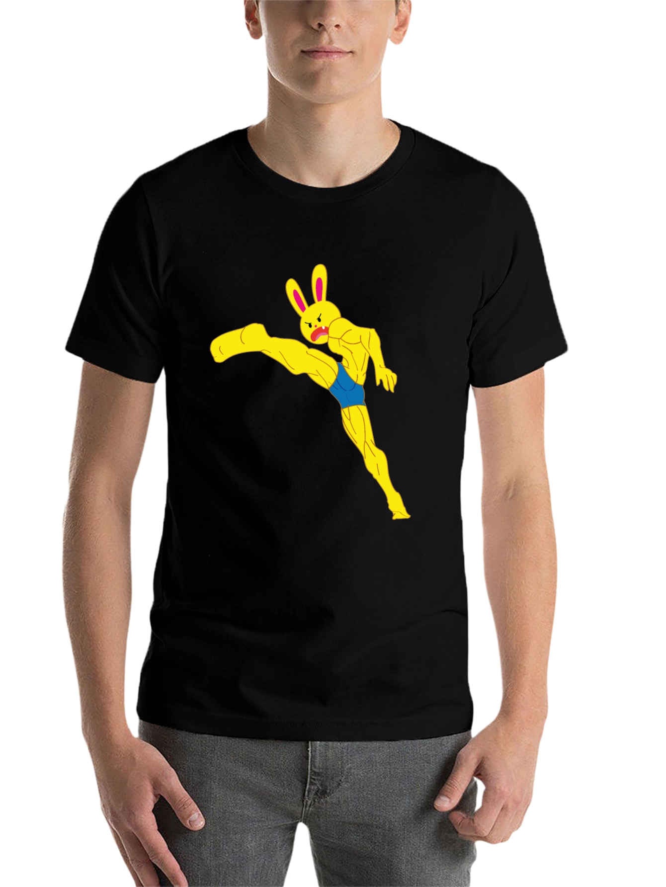 Black Funny Muscle Bunny Graphic Tee - Black view 7