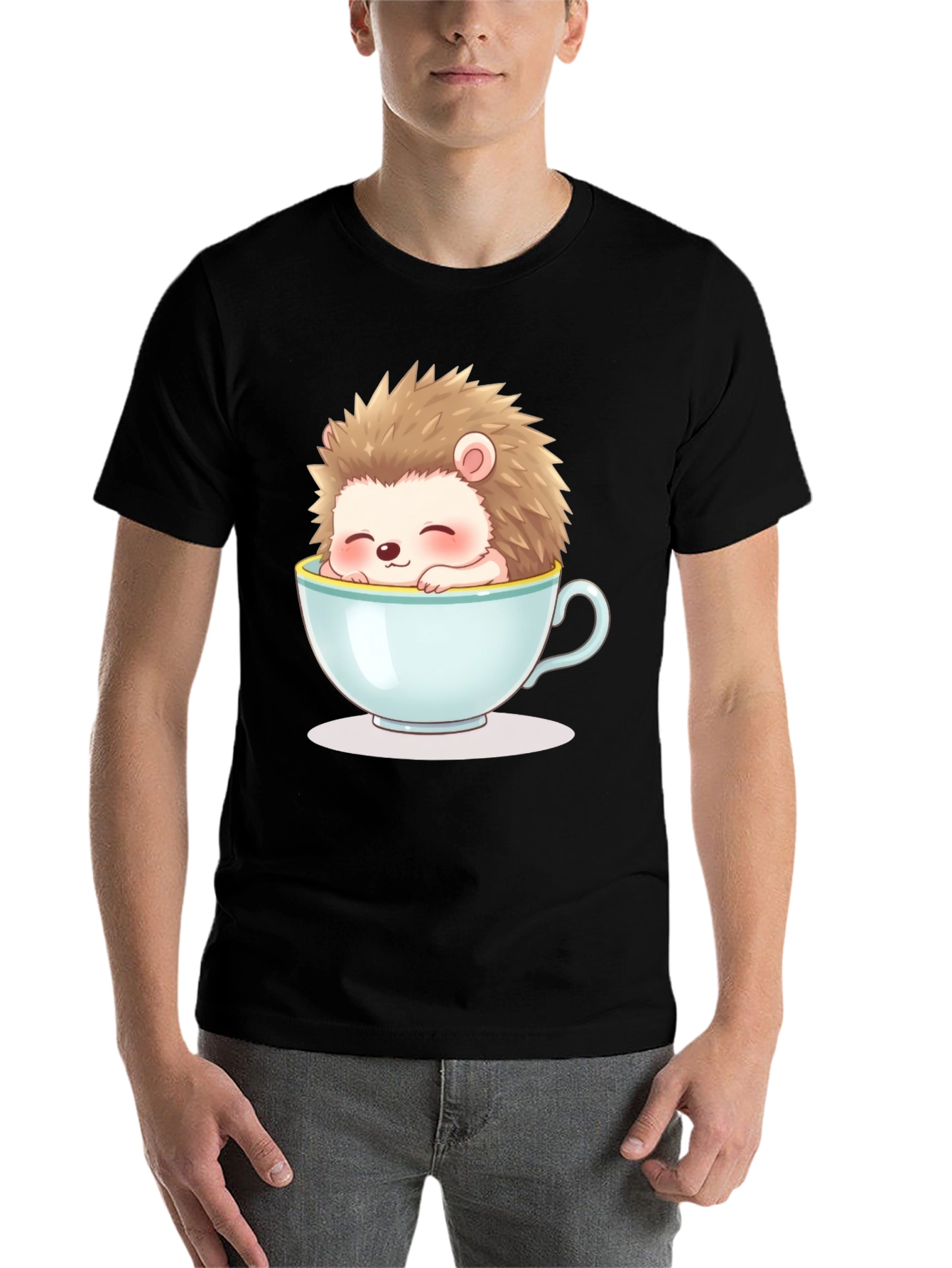 Black Cute Hedgehog in Teacup Graphic Tee - Unisex view 7