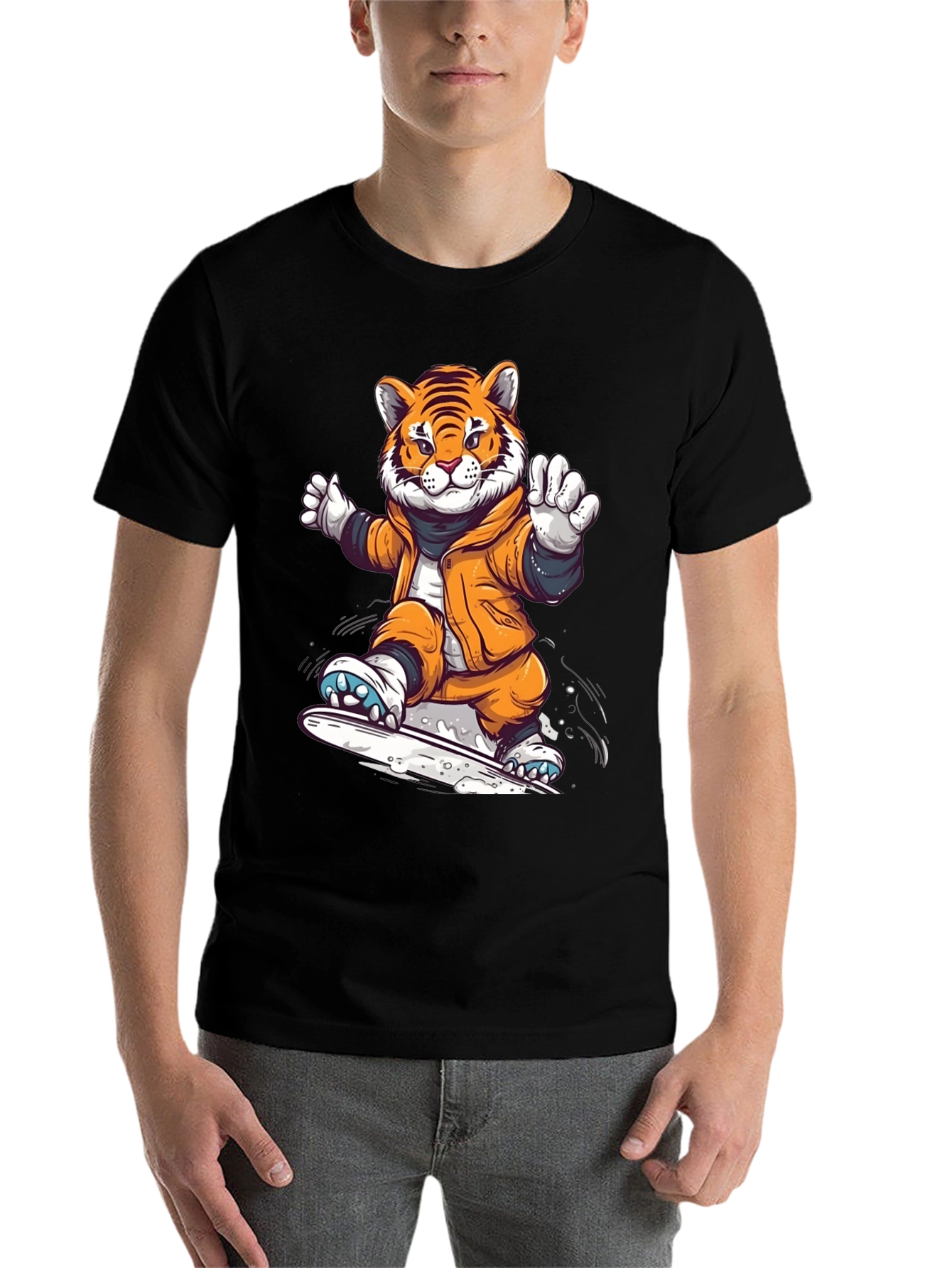 Black Cool Tiger Snowboarding Black T-Shirt view 7
