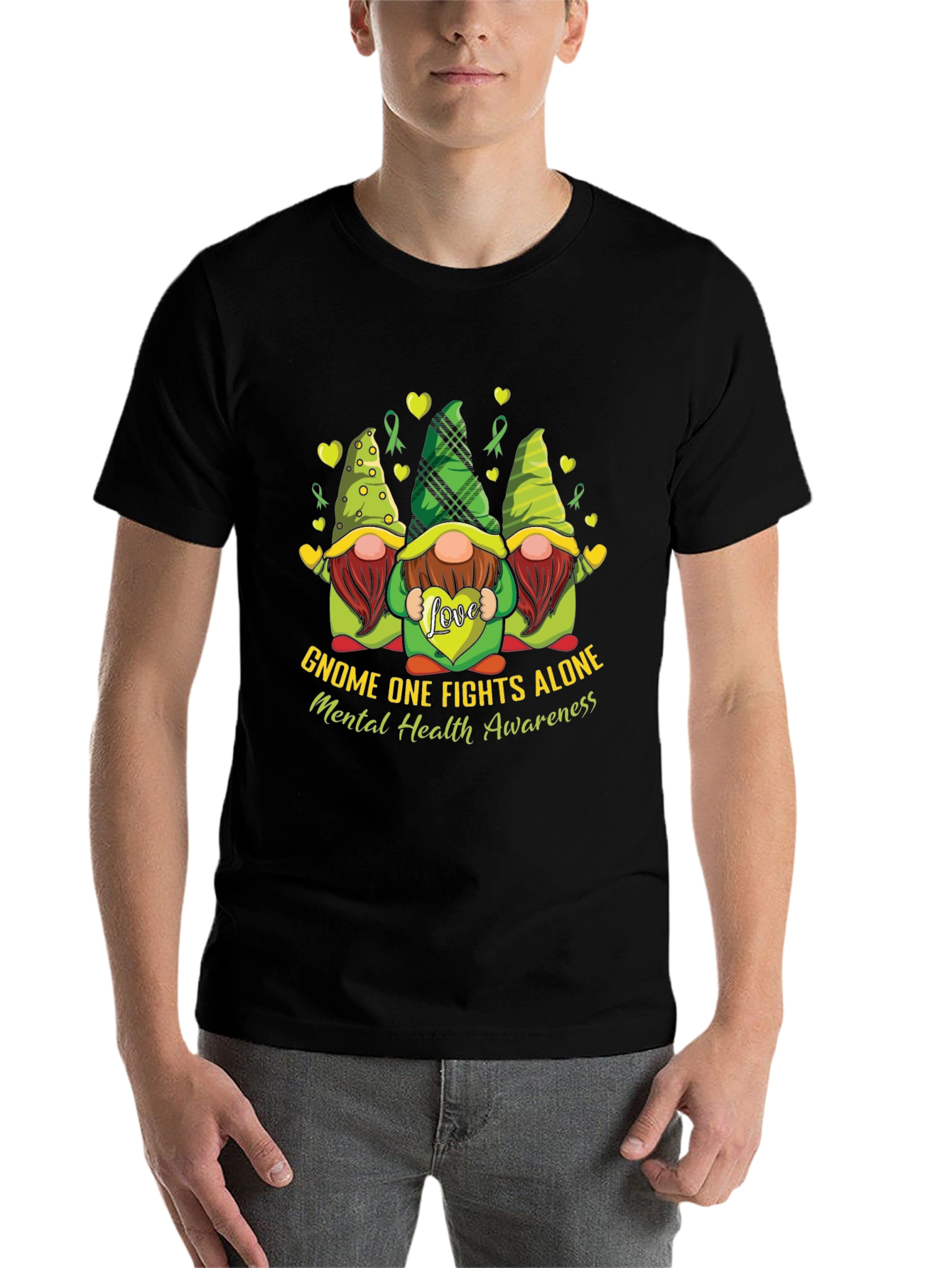 Black Gnome One Fights Alone Mental Health Awareness T-Shirt view 7