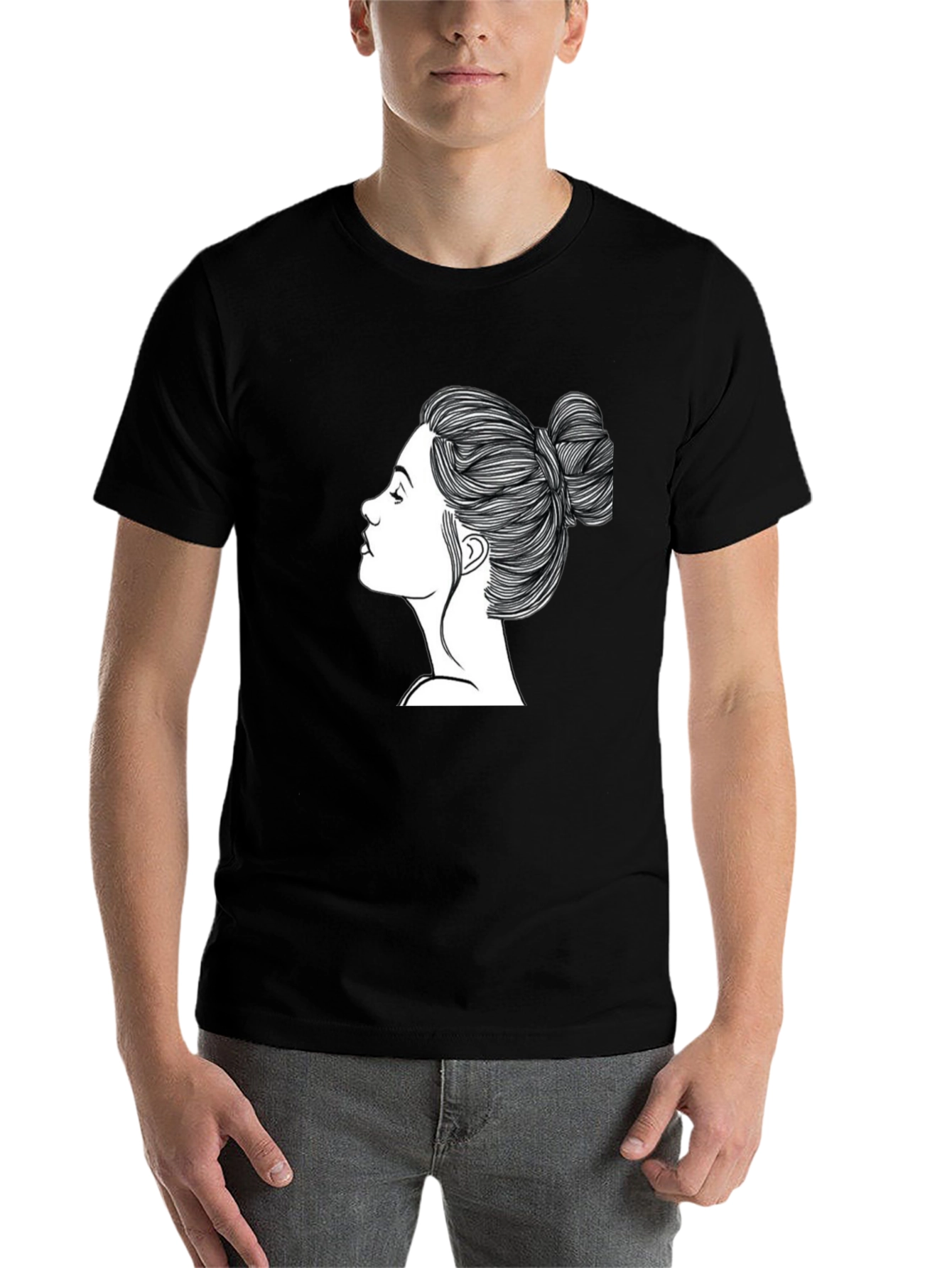 Black Black T-Shirt with Woman's Hair Bun Design view 7