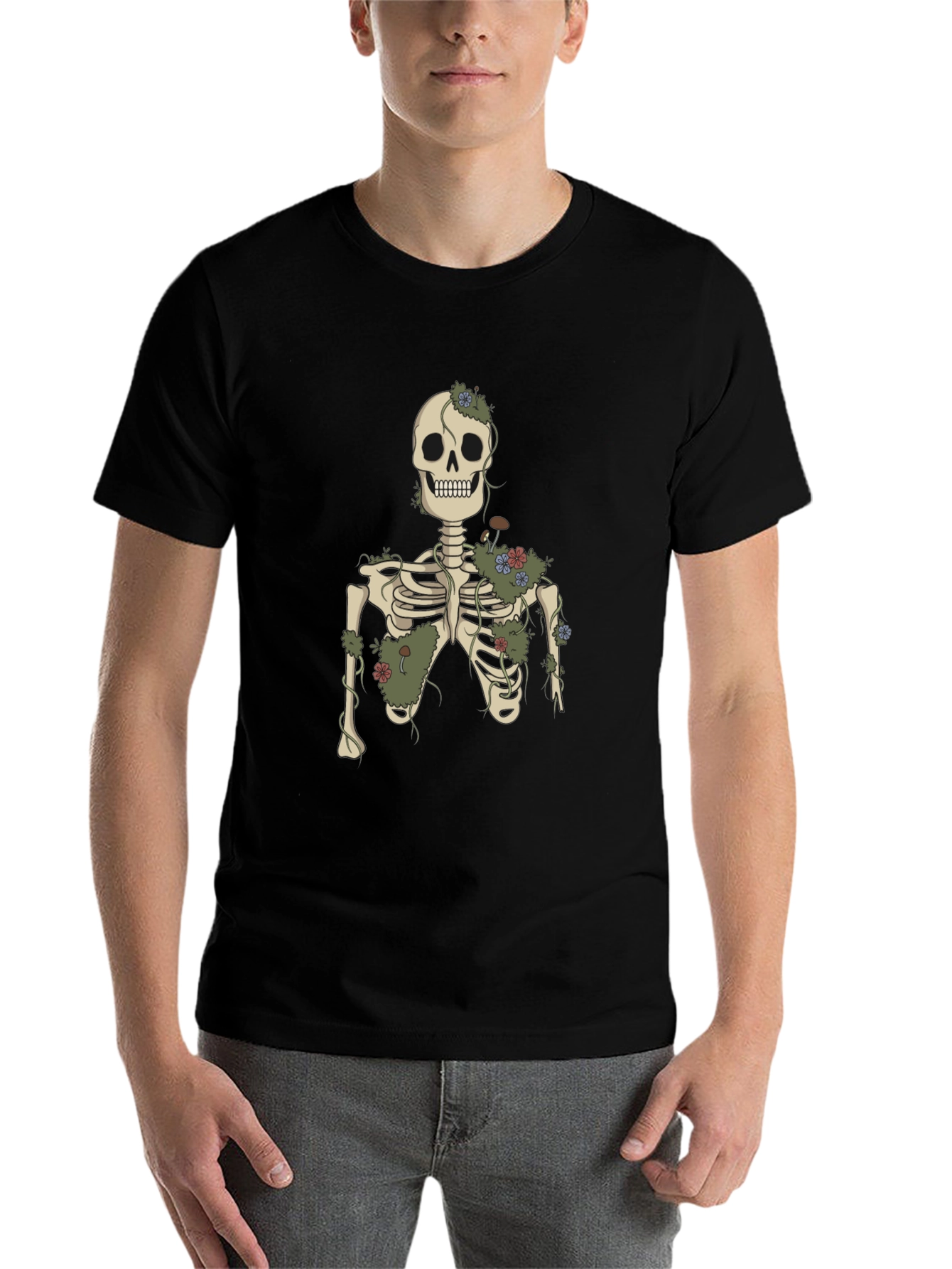 Black Floral Skeleton Graphic Tee - Black Cotton view 7