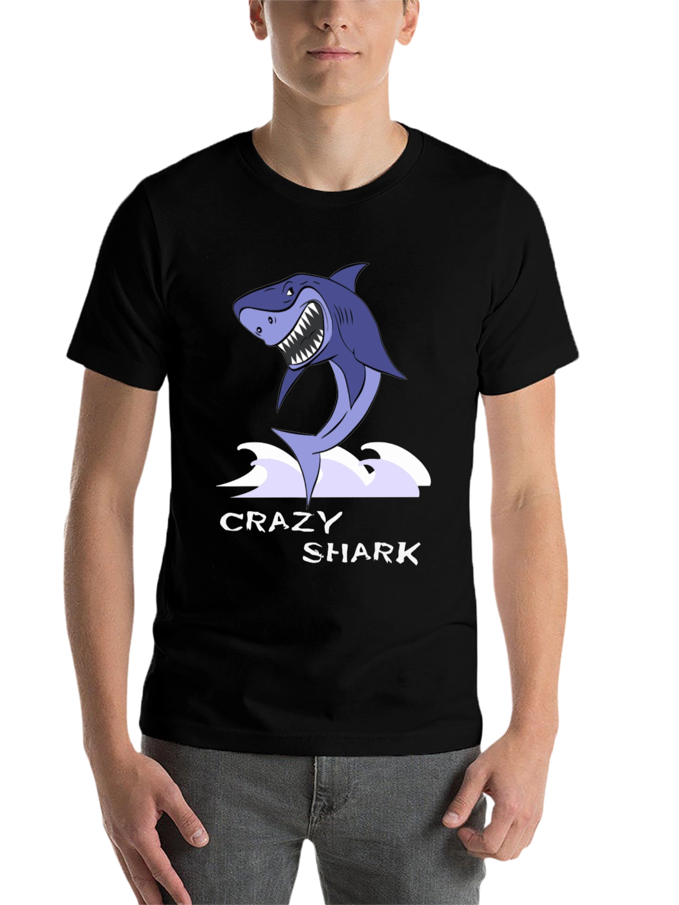 Black Crazy Shark Graphic Tee - Black Cotton T-Shirt view 7
