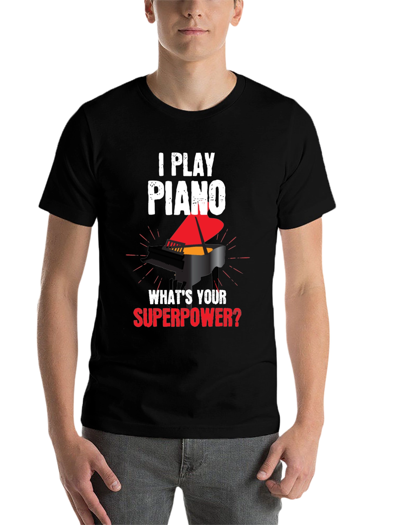 Black I Play Piano Superpower Graphic T-Shirt view 7