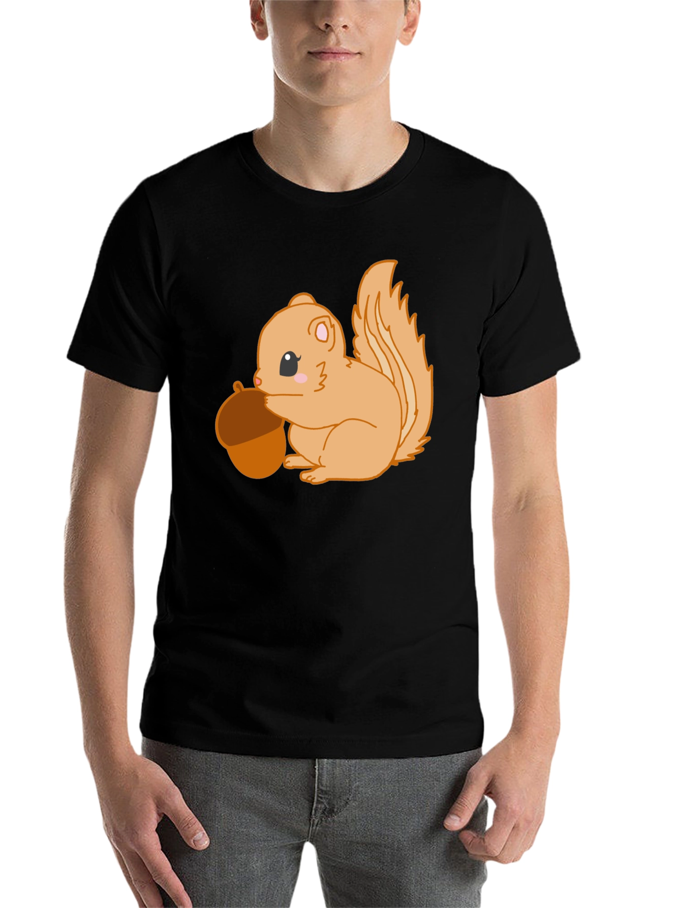 Black Cute Squirrel Holding Acorn Graphic Tee - Black view 7