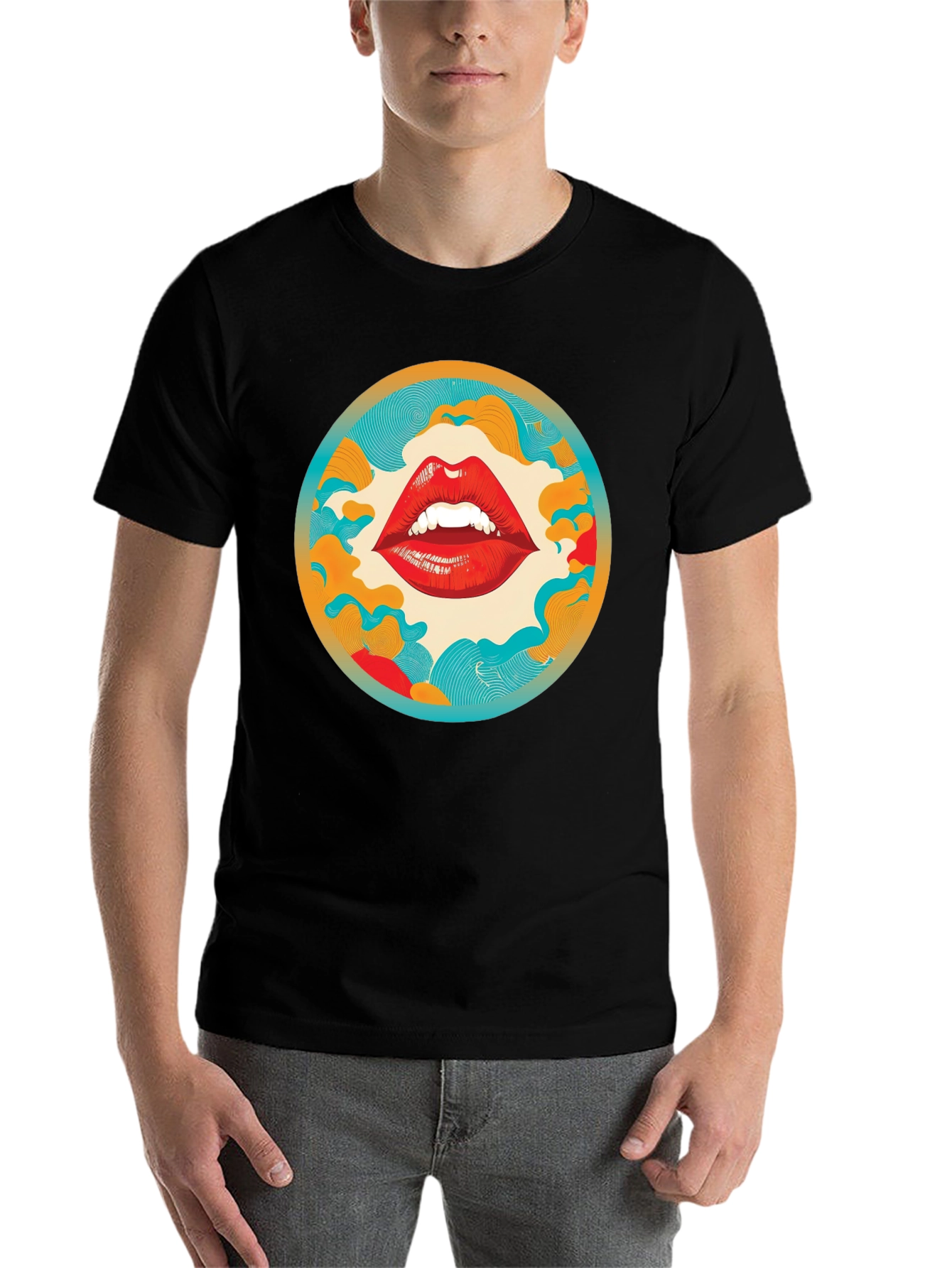 Black Graphic Lips Print Crew Neck Tee view 7