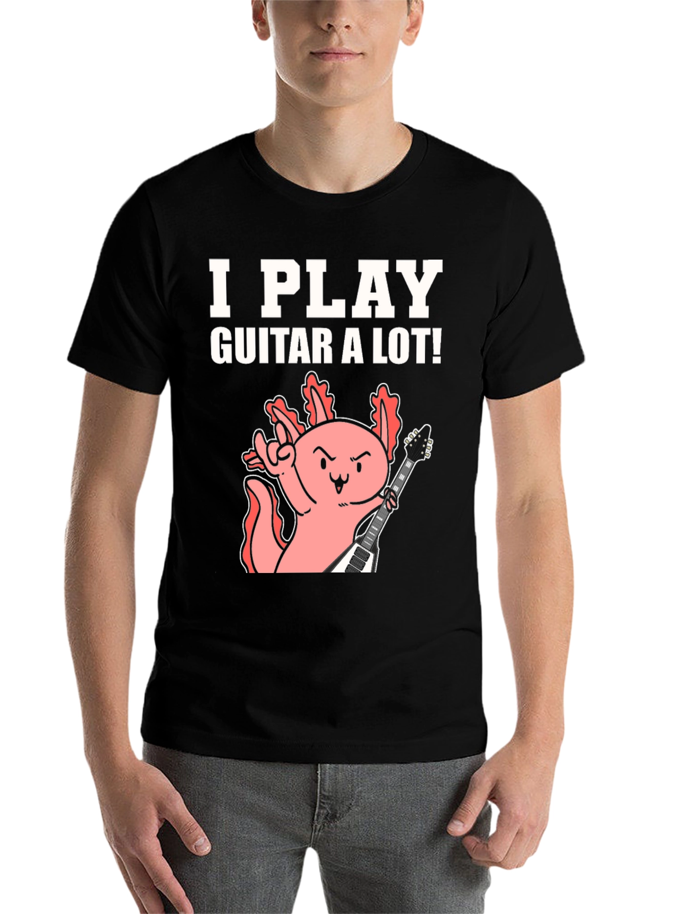 Black I Play Guitar A Lot! Axolotl Musician Graphic Tee view 7