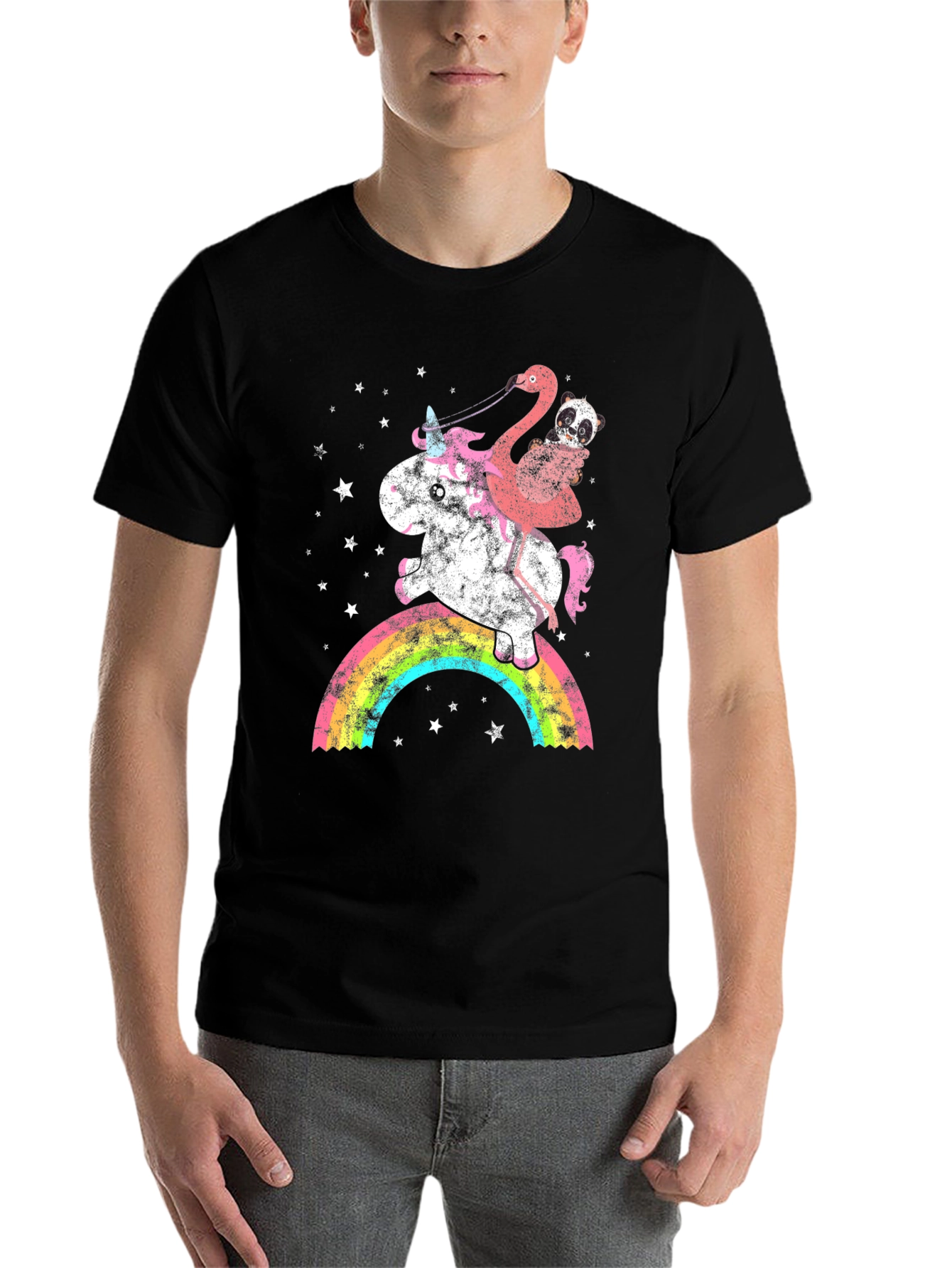 Black Unicorn, Flamingo, & Panda Rainbow Graphic Tee view 7