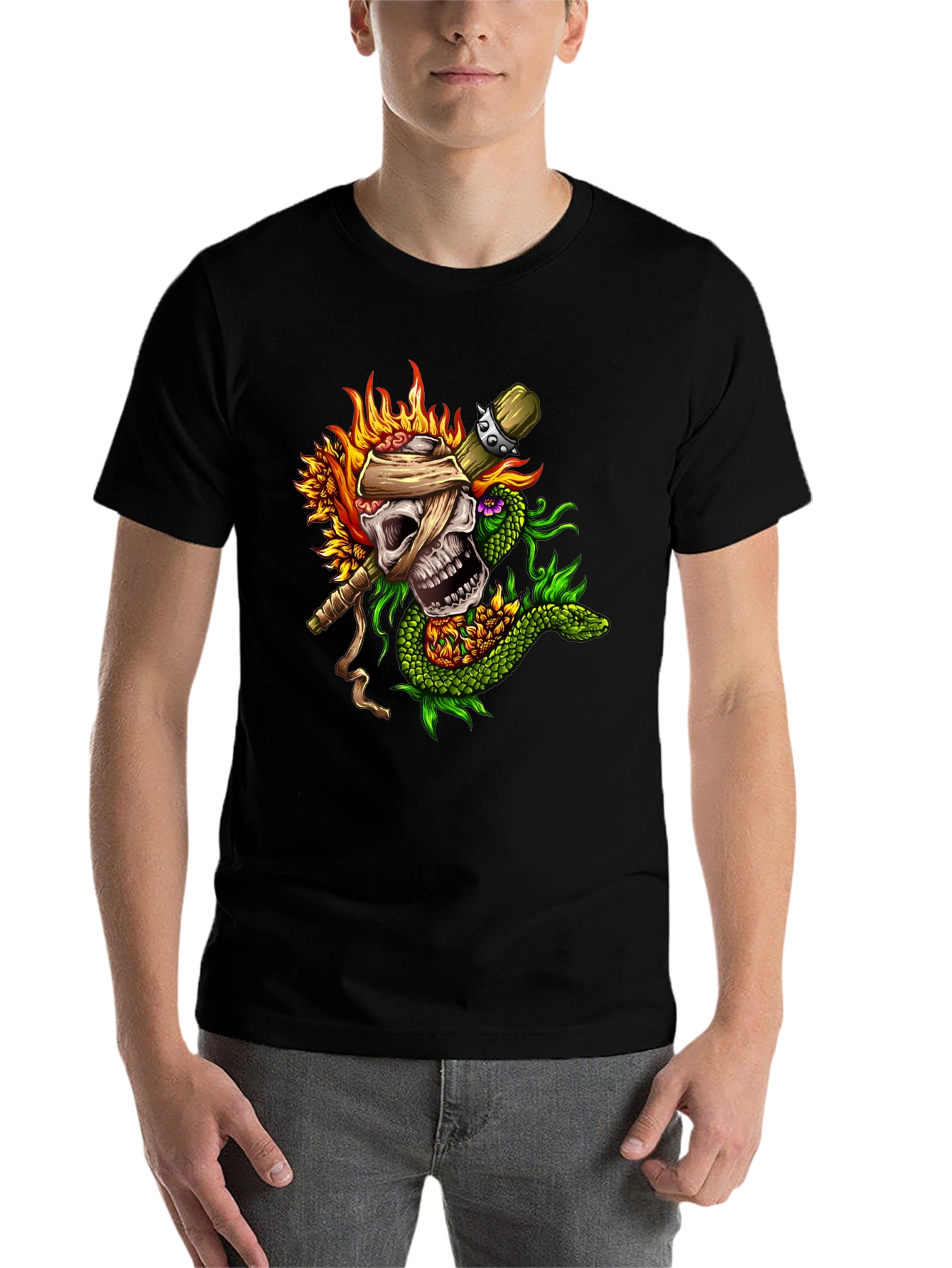 Black Skull & Snake Graphic Tee - Unique Tattoo Style view 7
