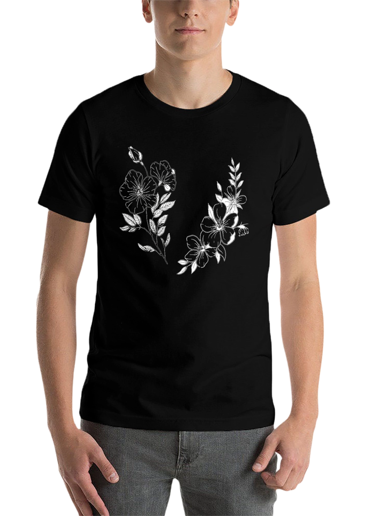 Black Floral Graphic Black Tee - Stylish & Unique view 7