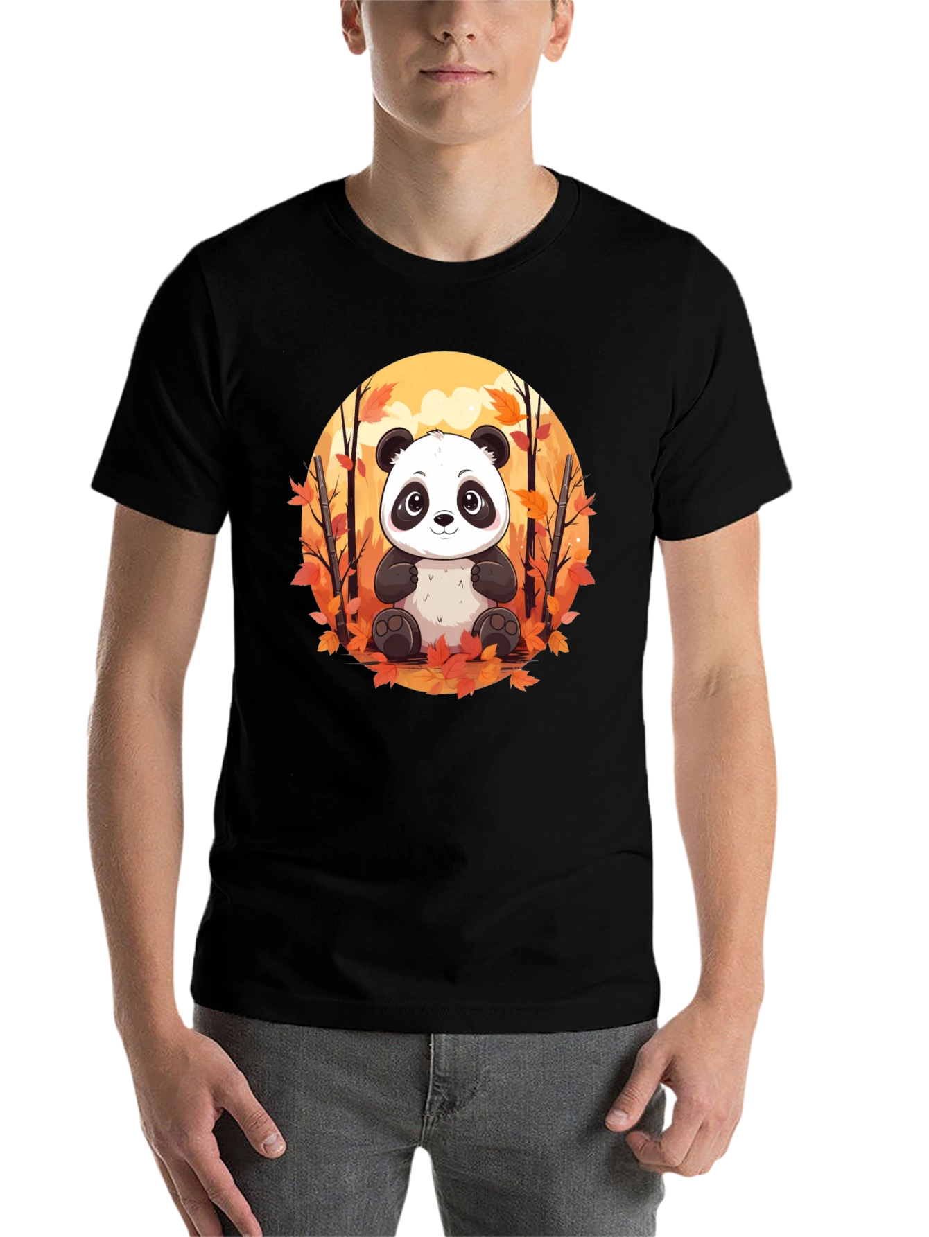 Black Panda Autumn Leaves Black T-Shirt view 7
