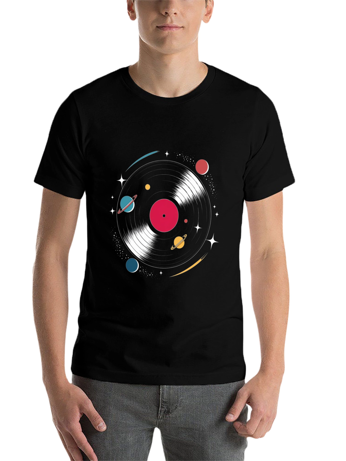 Black Retro Vinyl Record Space T-Shirt view 7