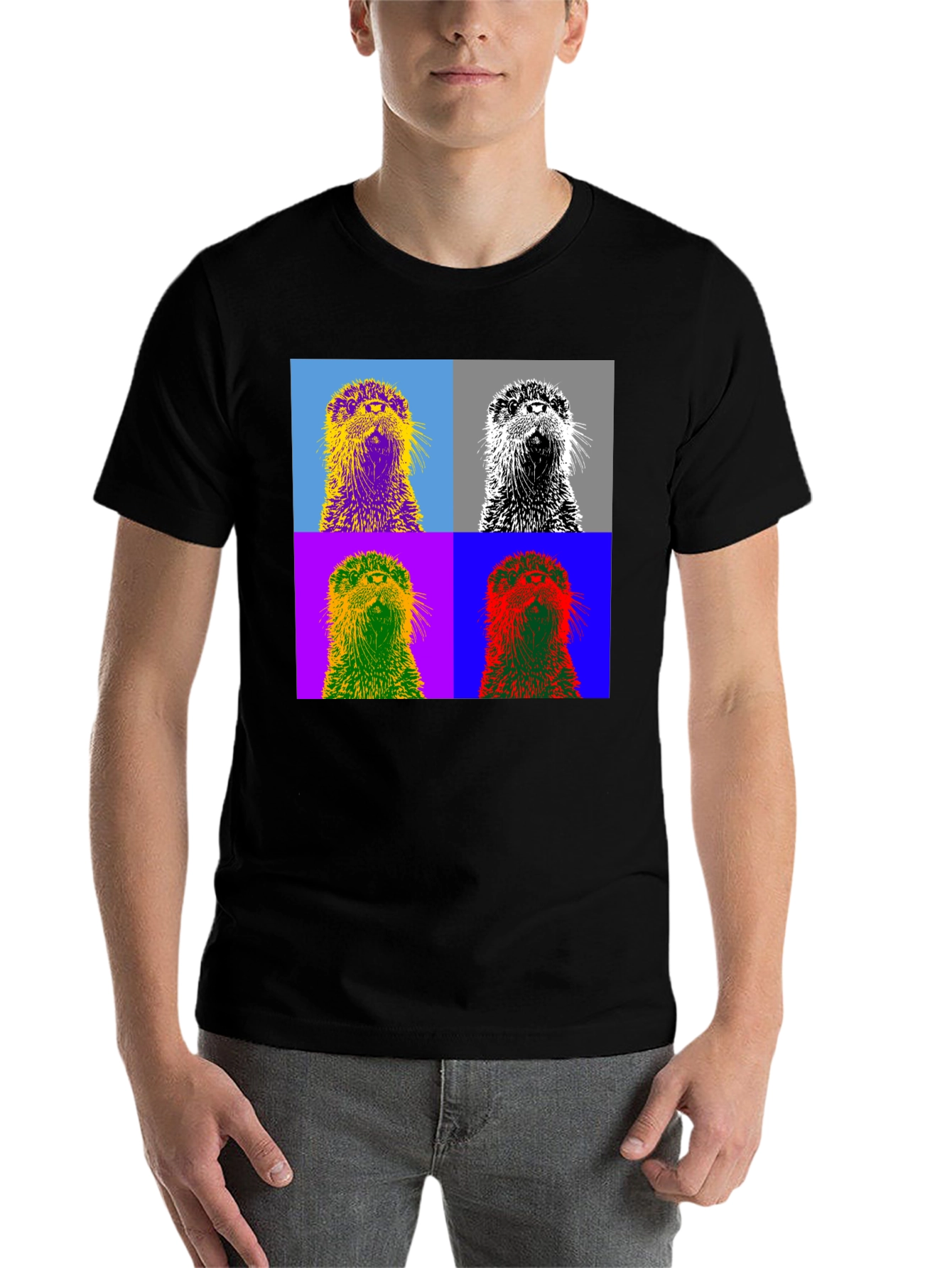 Black Pop Art Otter Graphic Tee - Black Cotton T-Shirt view 7