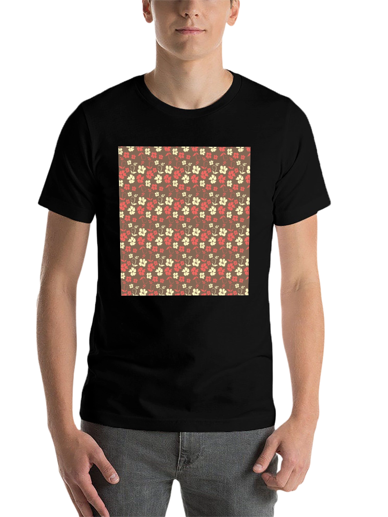Black Floral Pattern Black Crewneck T-Shirt view 7