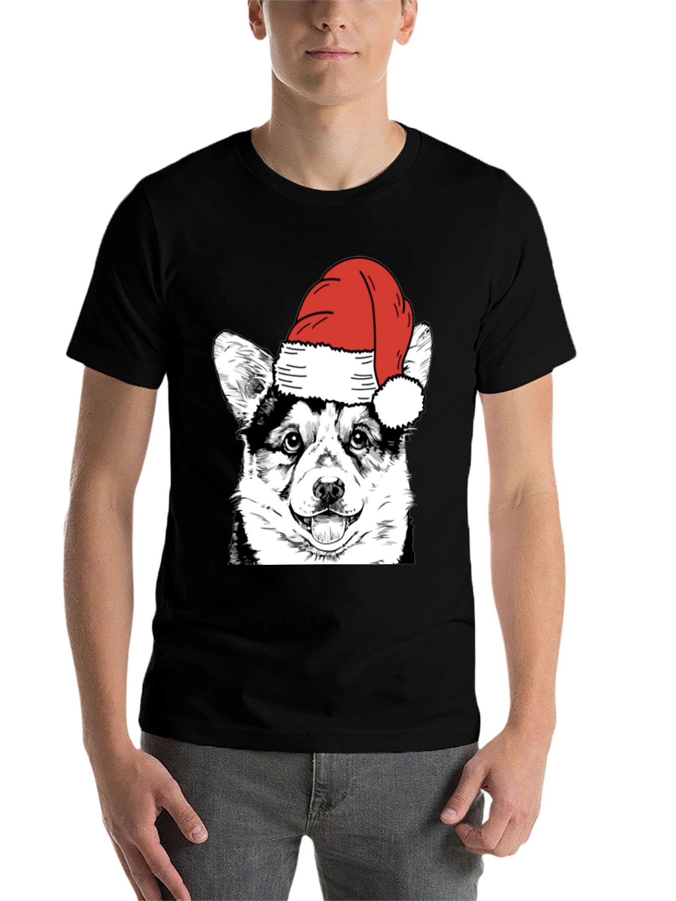 Black Festive Corgi Santa Hat Black T-Shirt view 7