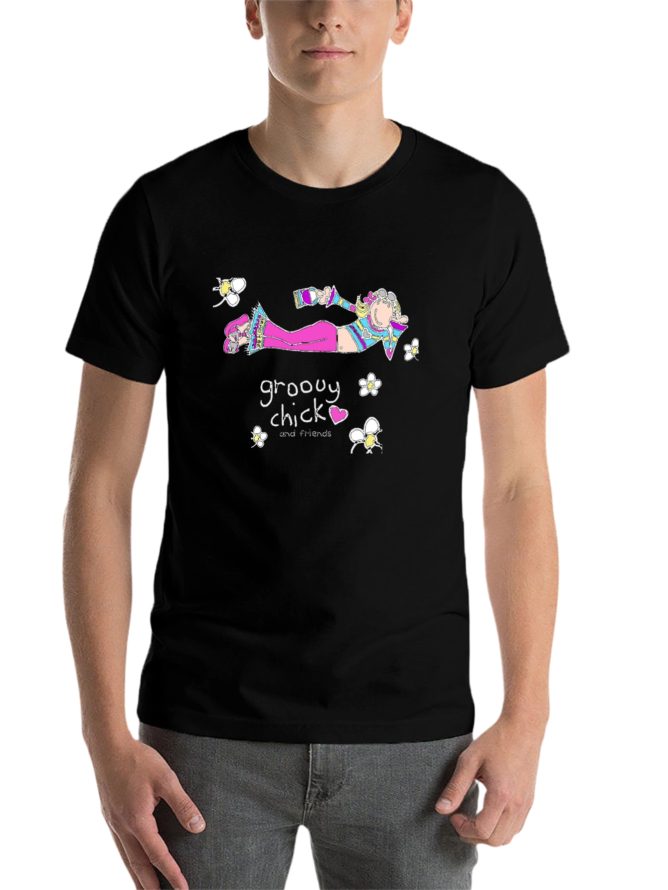Black Groovy Chick Tee - Quirky Cartoon T-Shirt view 7