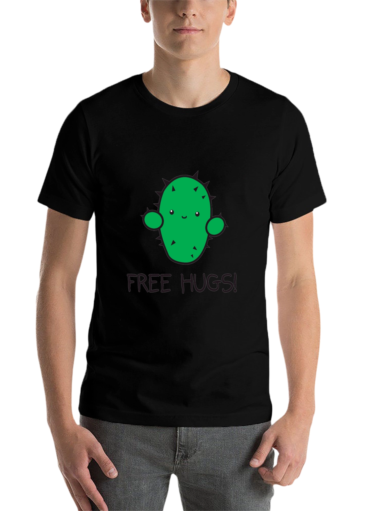Black Cute Cactus 'Free Hugs' Graphic T-Shirt - Unisex view 7