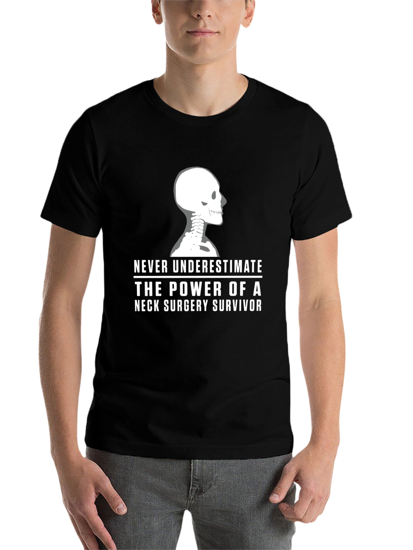 Black Neck Surgery Survivor T-Shirt - Skeleton Design view 7