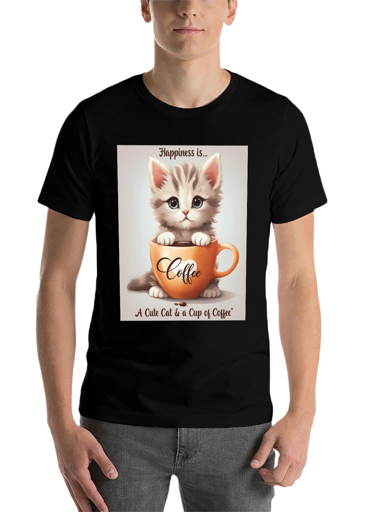 Black Cute Kitten and Coffee T-Shirt - Happiness Is... view 7