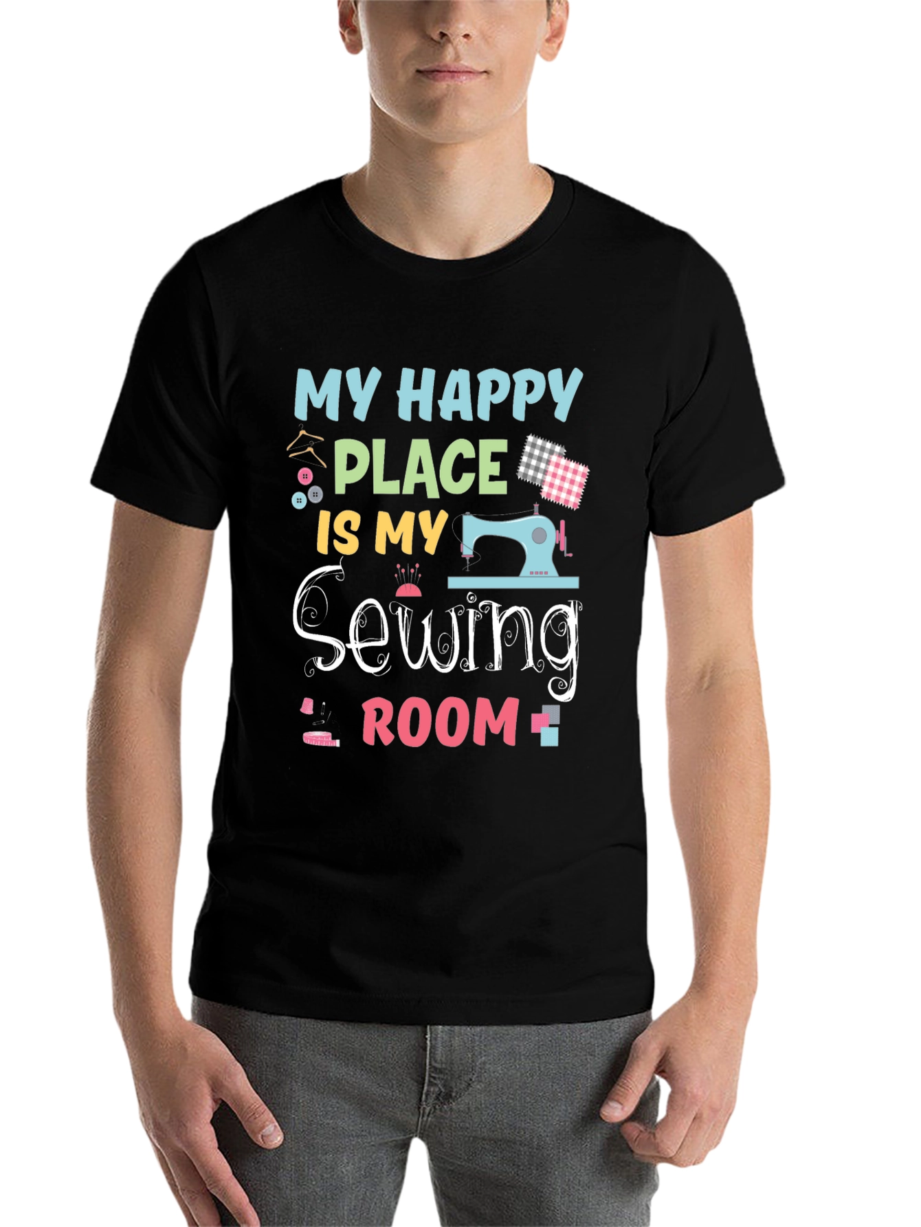 Black My Happy Place is My Sewing Room T-Shirt view 7