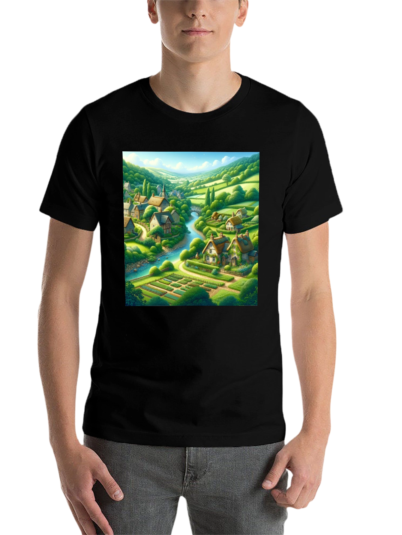 Black Quaint Village T-Shirt - Scenic Landscape Tee view 7