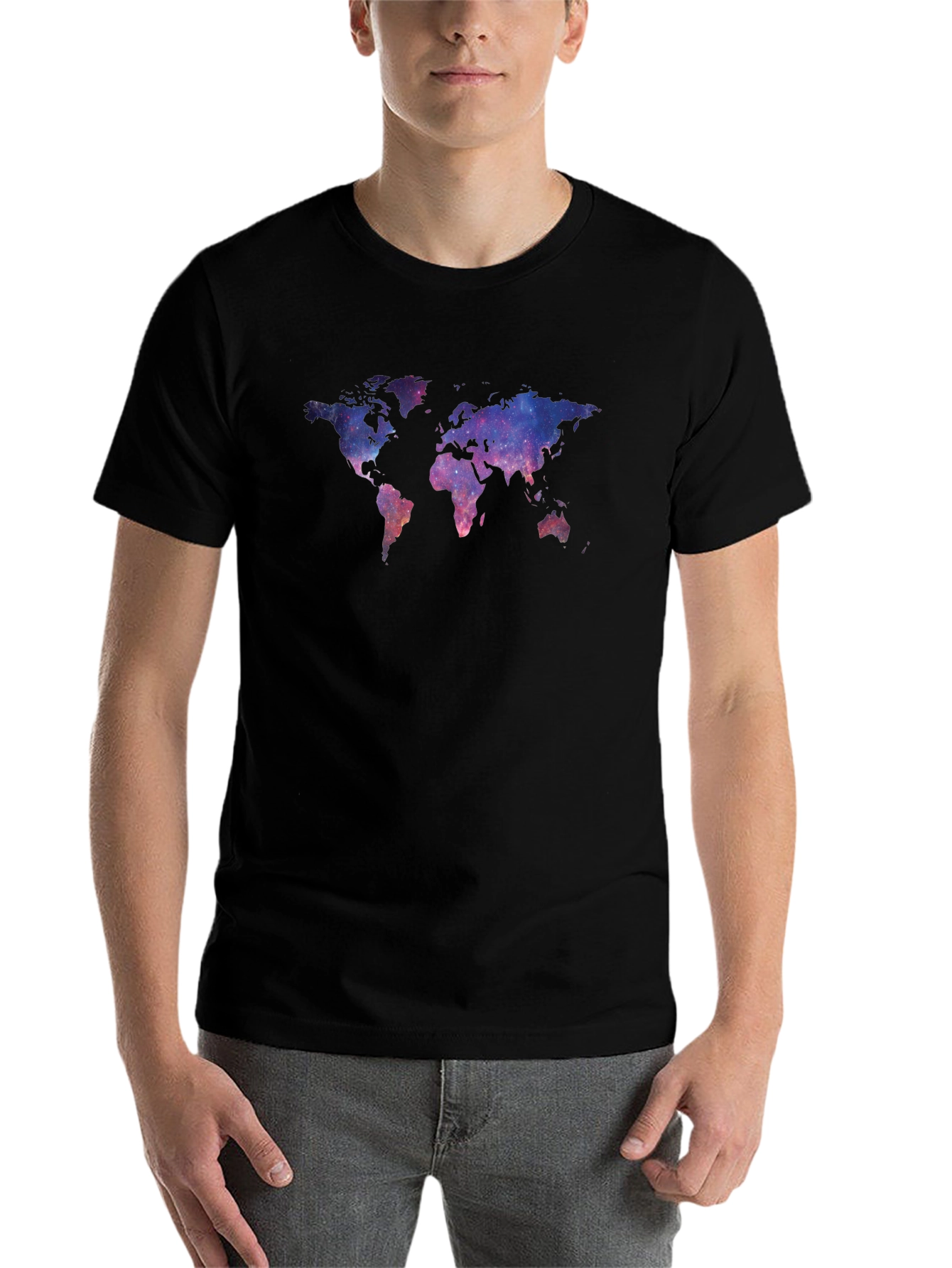 Black Galaxy World Map Black T-Shirt view 7