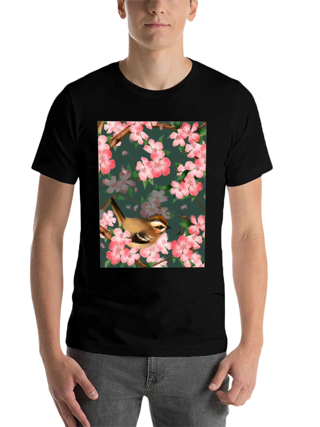 Black Bird & Blossom Graphic Tee - Nature Lover's Shirt view 7