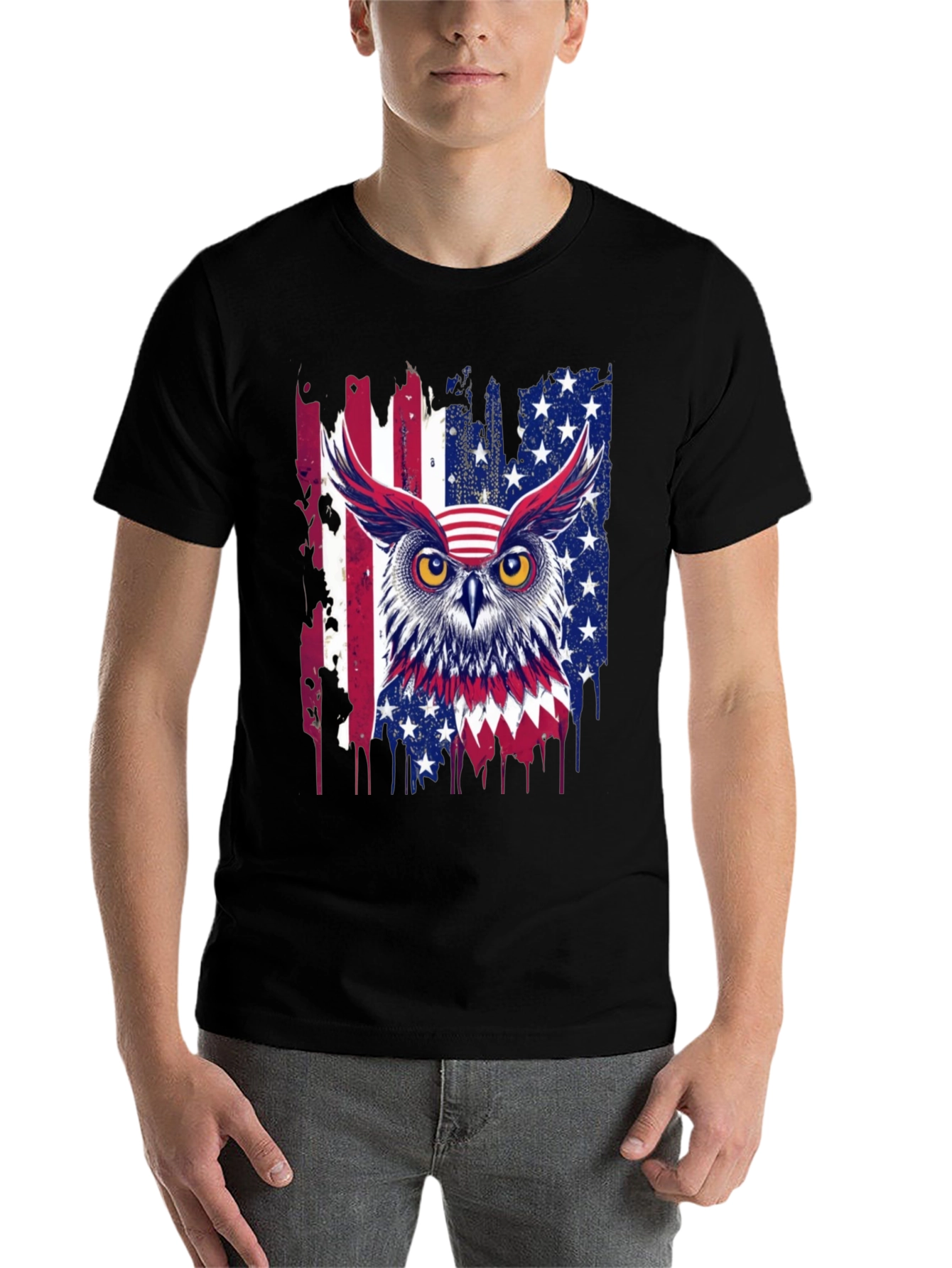 Black American Owl T-Shirt Patriotic USA Flag Tee view 7