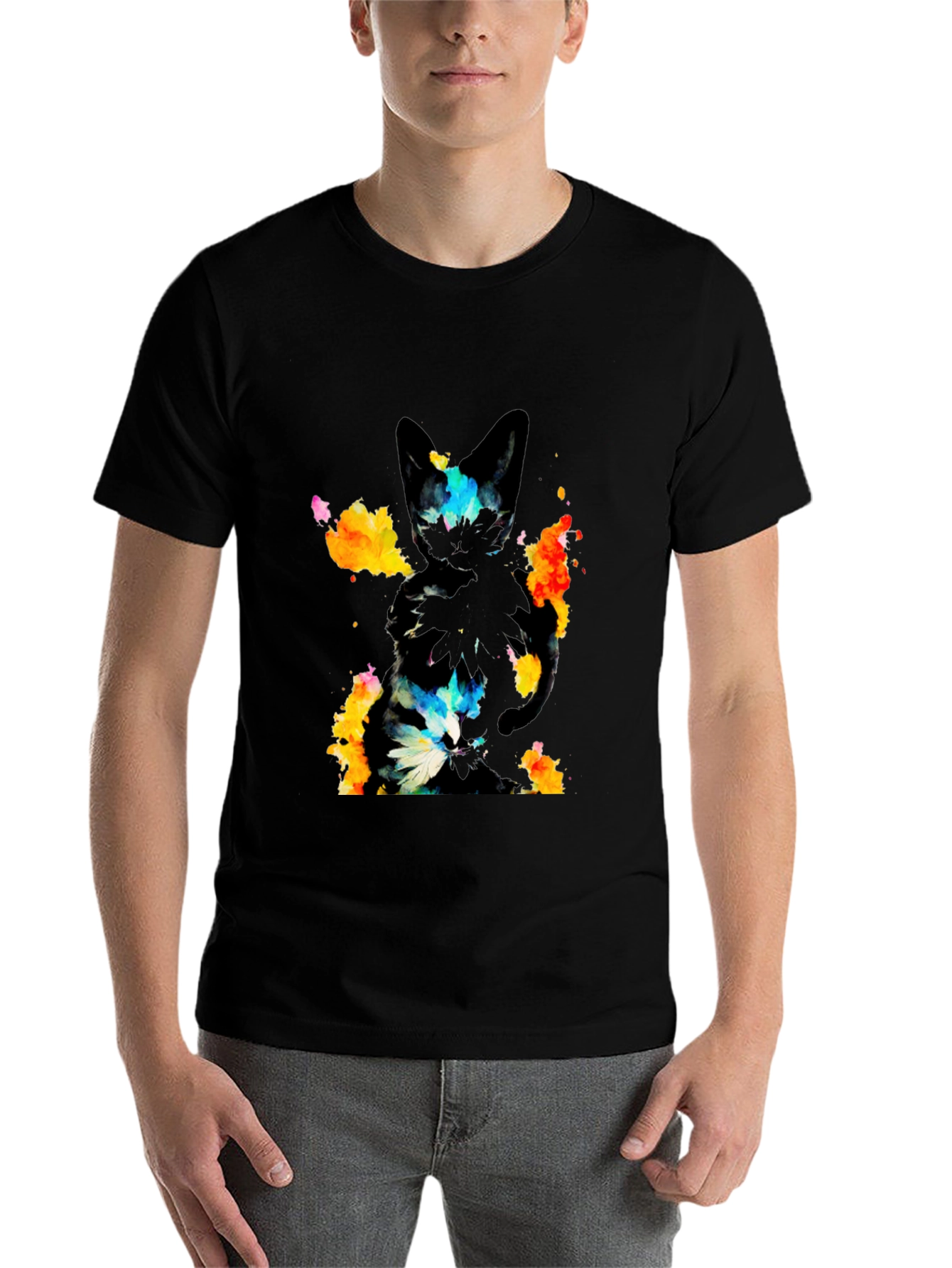 Black Abstract Cat Graphic Black T-Shirt view 7