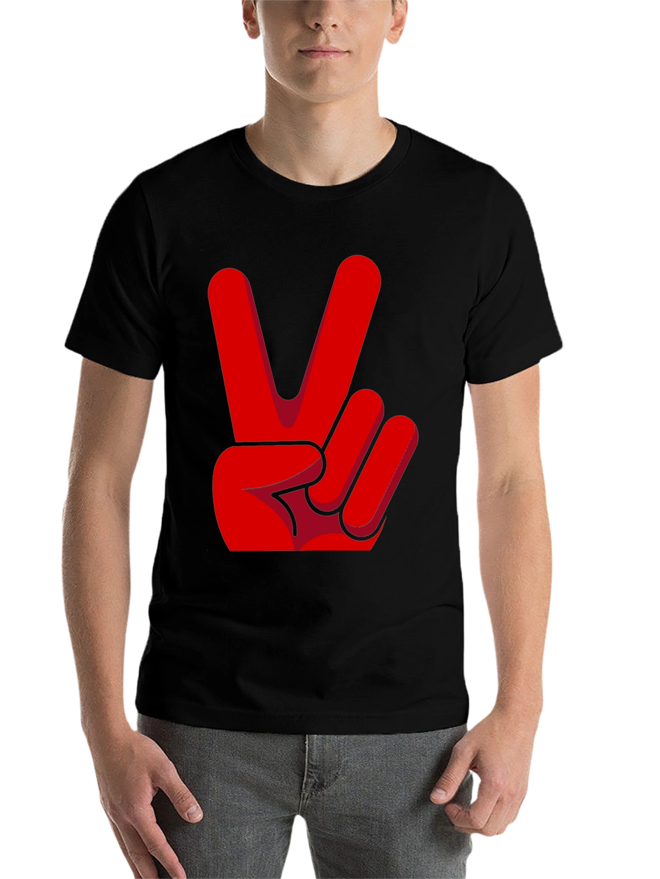 Black Peace Sign T-Shirt - Red Hand Gesture Design view 7