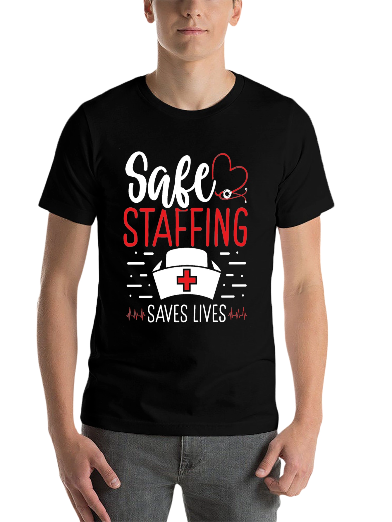 Black Safe Staffing Saves Lives Nurse T-Shirt view 7