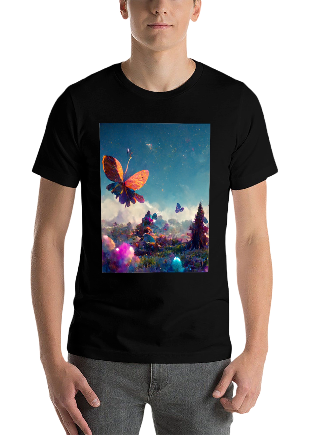 Black Butterfly Fantasy Graphic Tee - Black Cotton Blend view 7