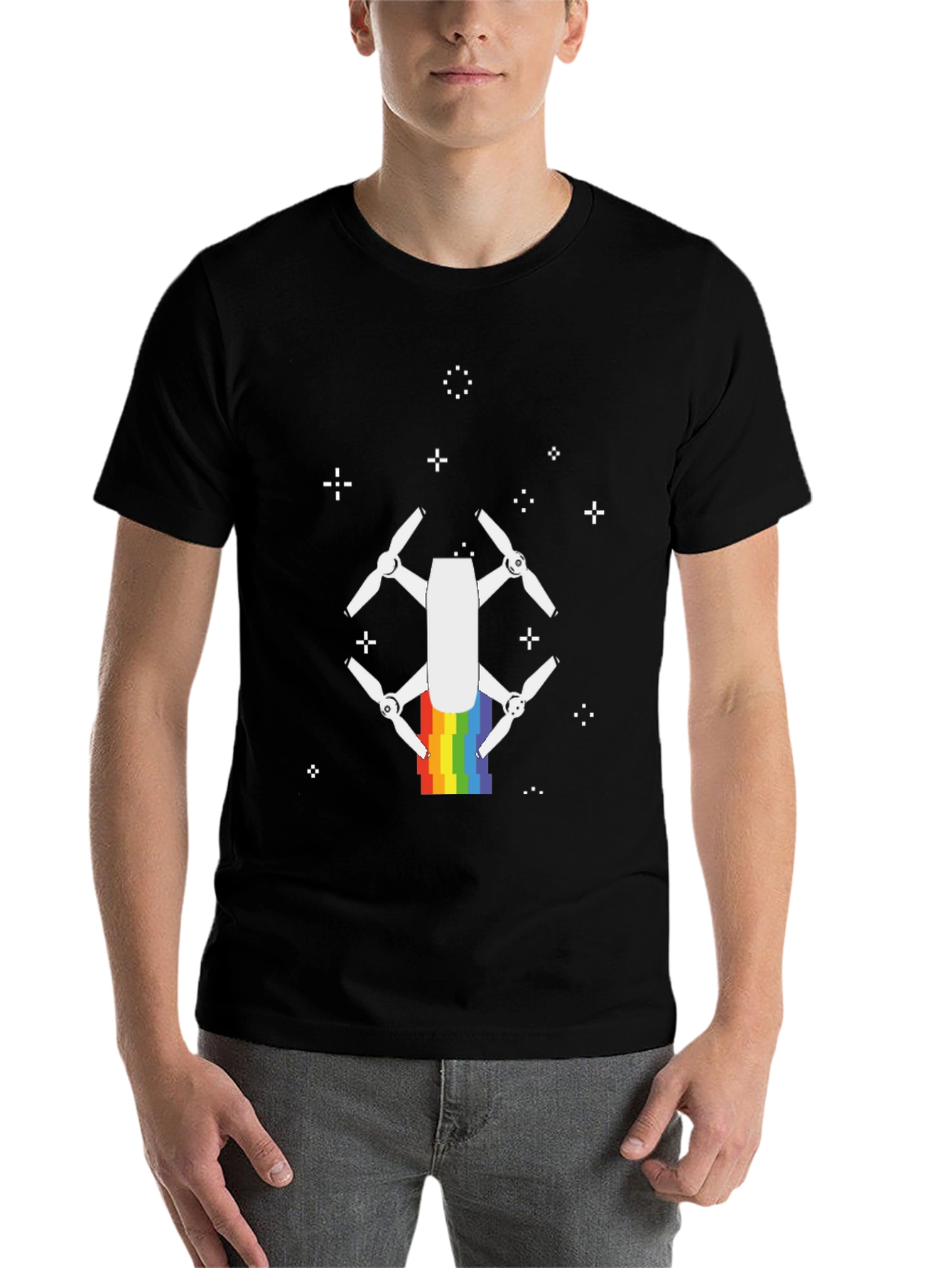 Black Rainbow Drone Graphic Tee - Black Cotton T-Shirt view 7
