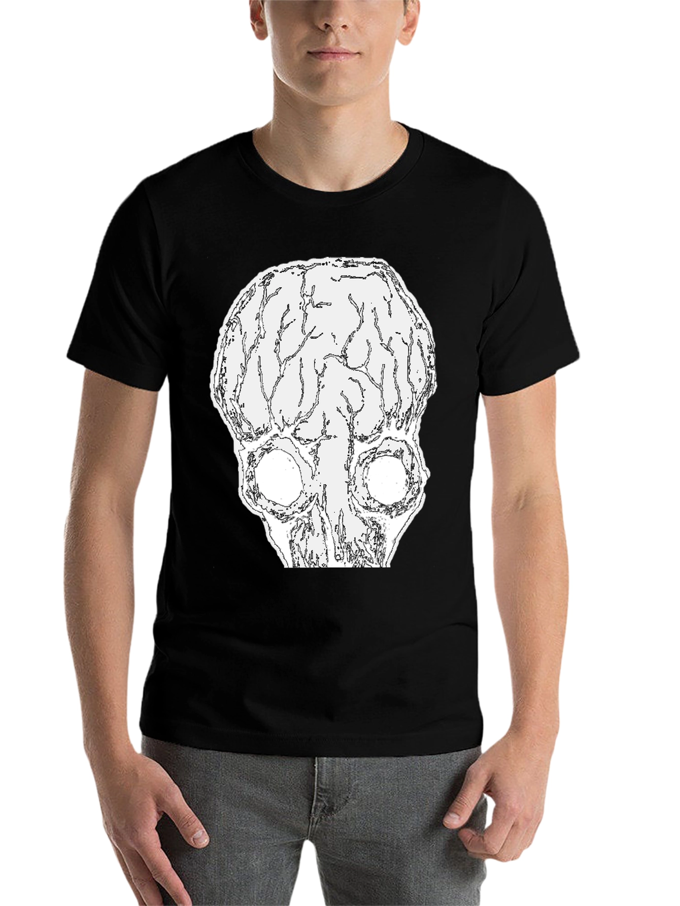 Black Brain Skull Graphic Tee - Black Cotton T-Shirt view 7