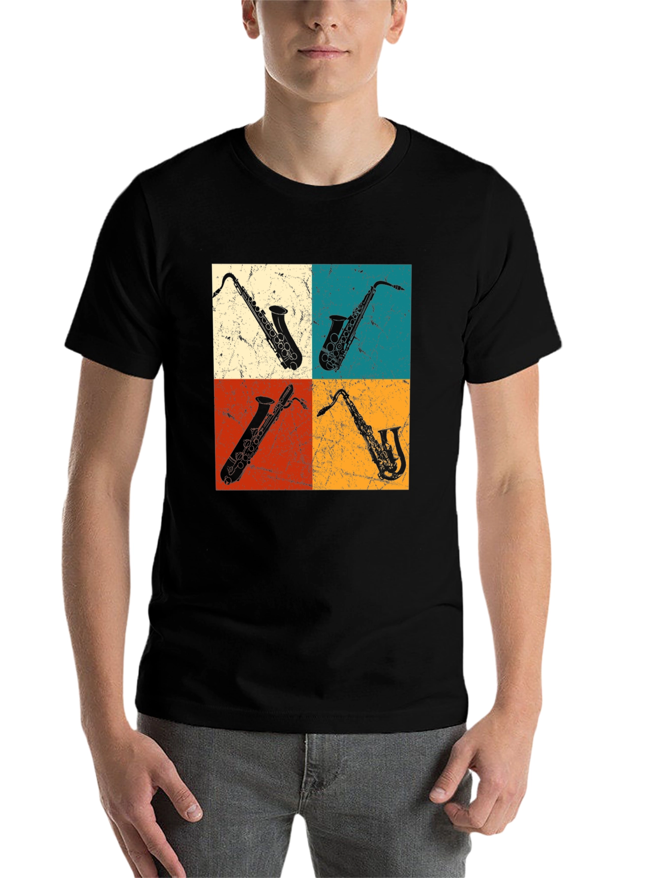 Black Saxophone Pop Art Graphic Tee - Music Lover T-Shirt view 7